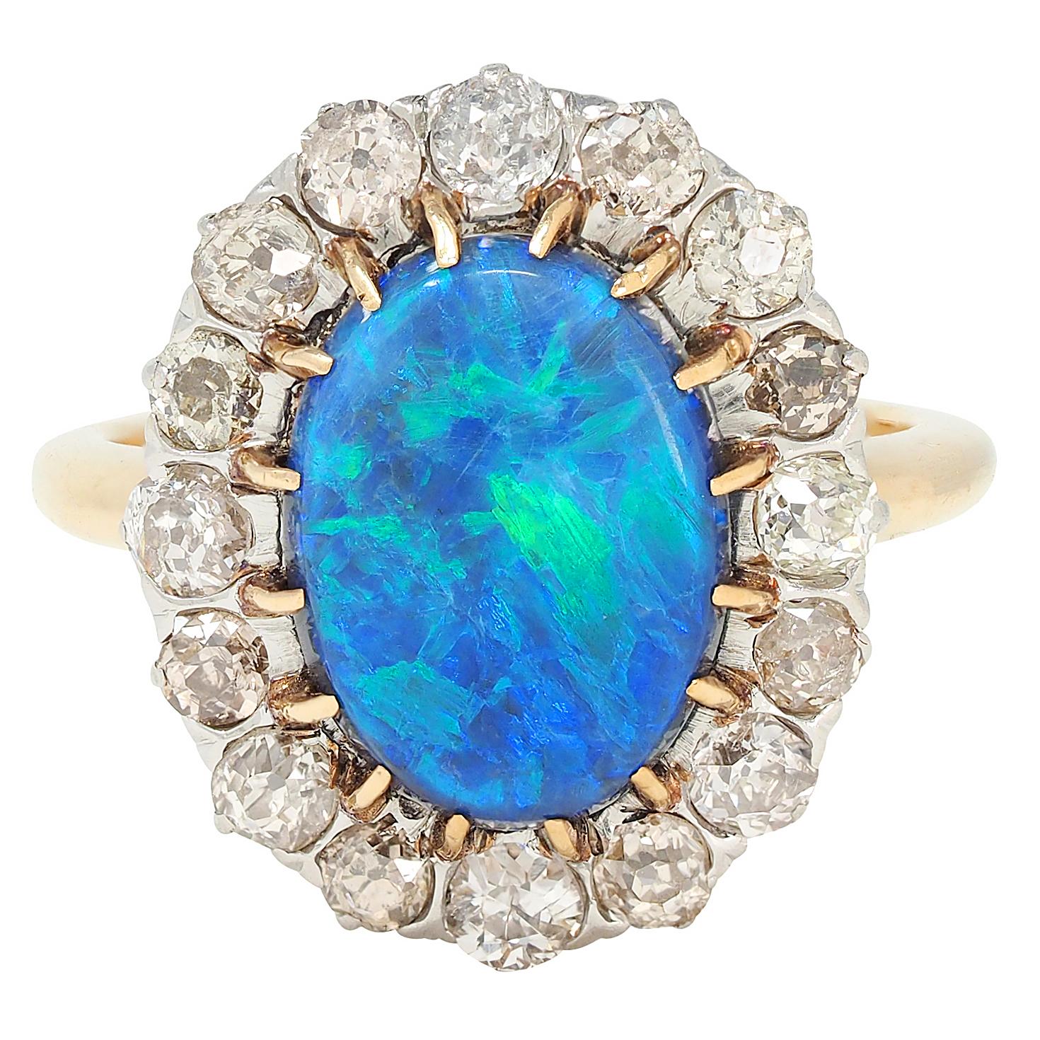Edwardian 1.36 CTW Diamond Black Opal Platinum 14K Gold Antique Halo Ring