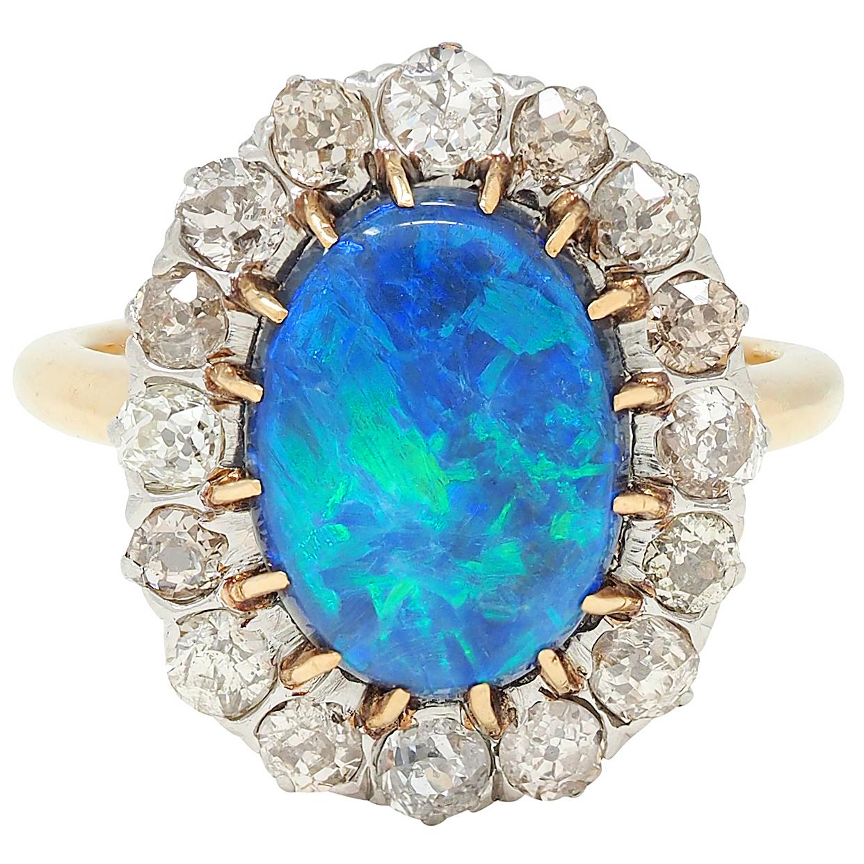 Edwardian 1.36 CTW Diamond Black Opal Platinum 14K Gold Antique Halo Ring