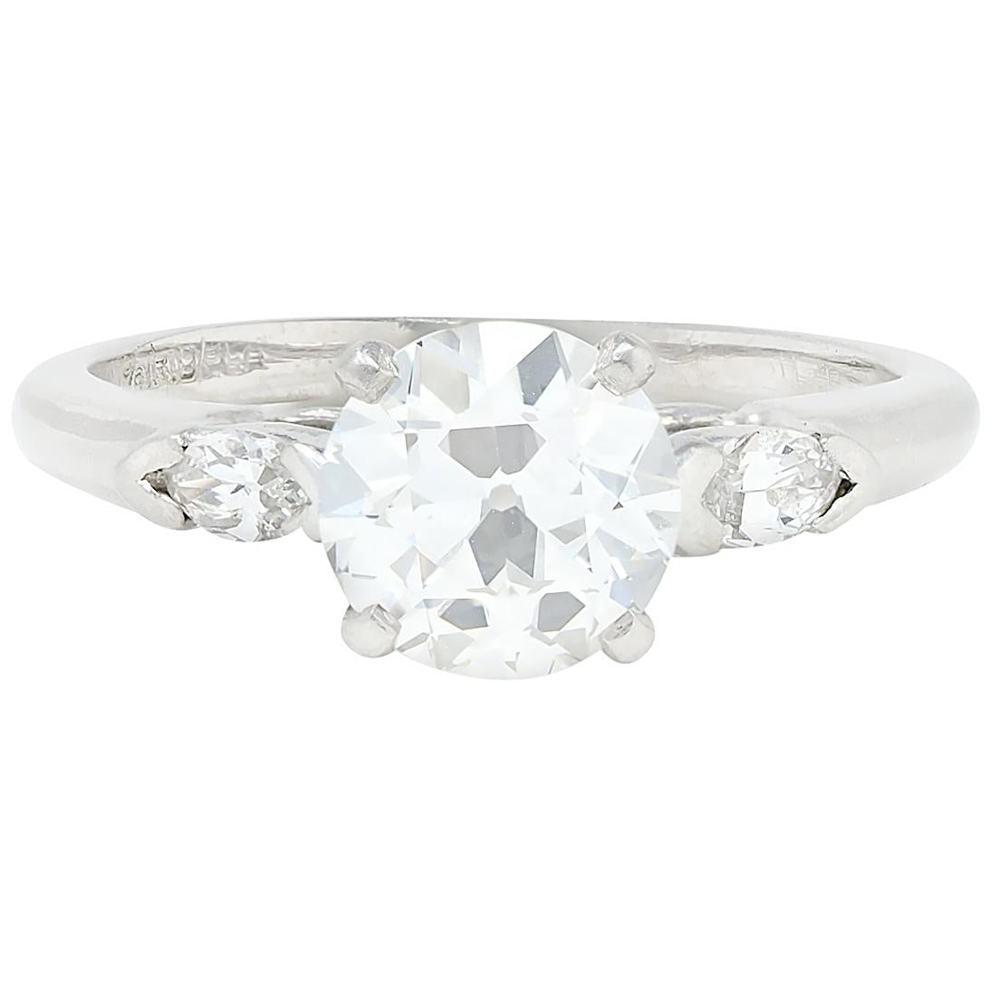Mid-Century 1.43 CTW Diamond Platinum Vintage Three Stone Engagement Ring GIA