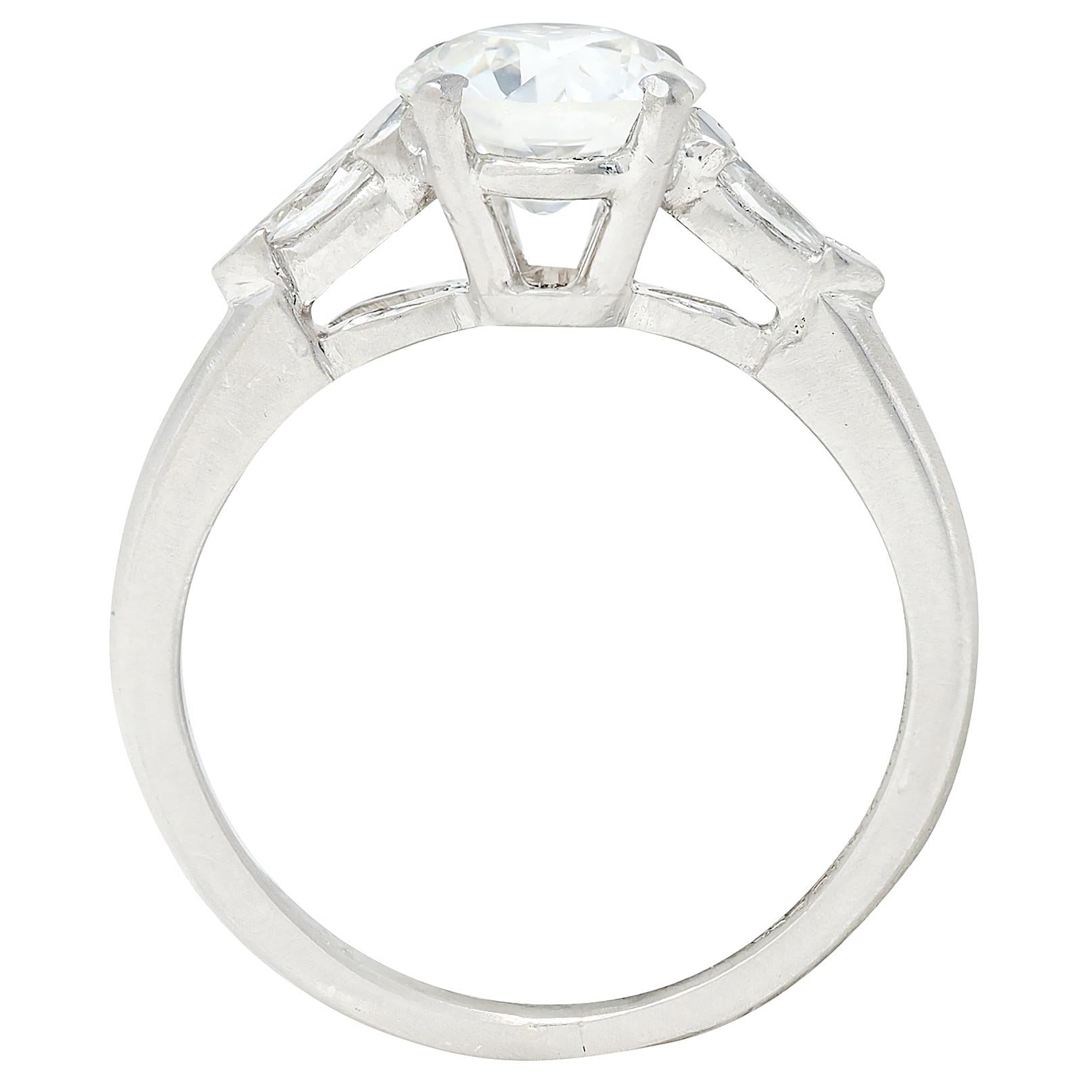 Mid-Century 1.43 CTW Diamond Platinum Vintage Three Stone Engagement Ring GIA