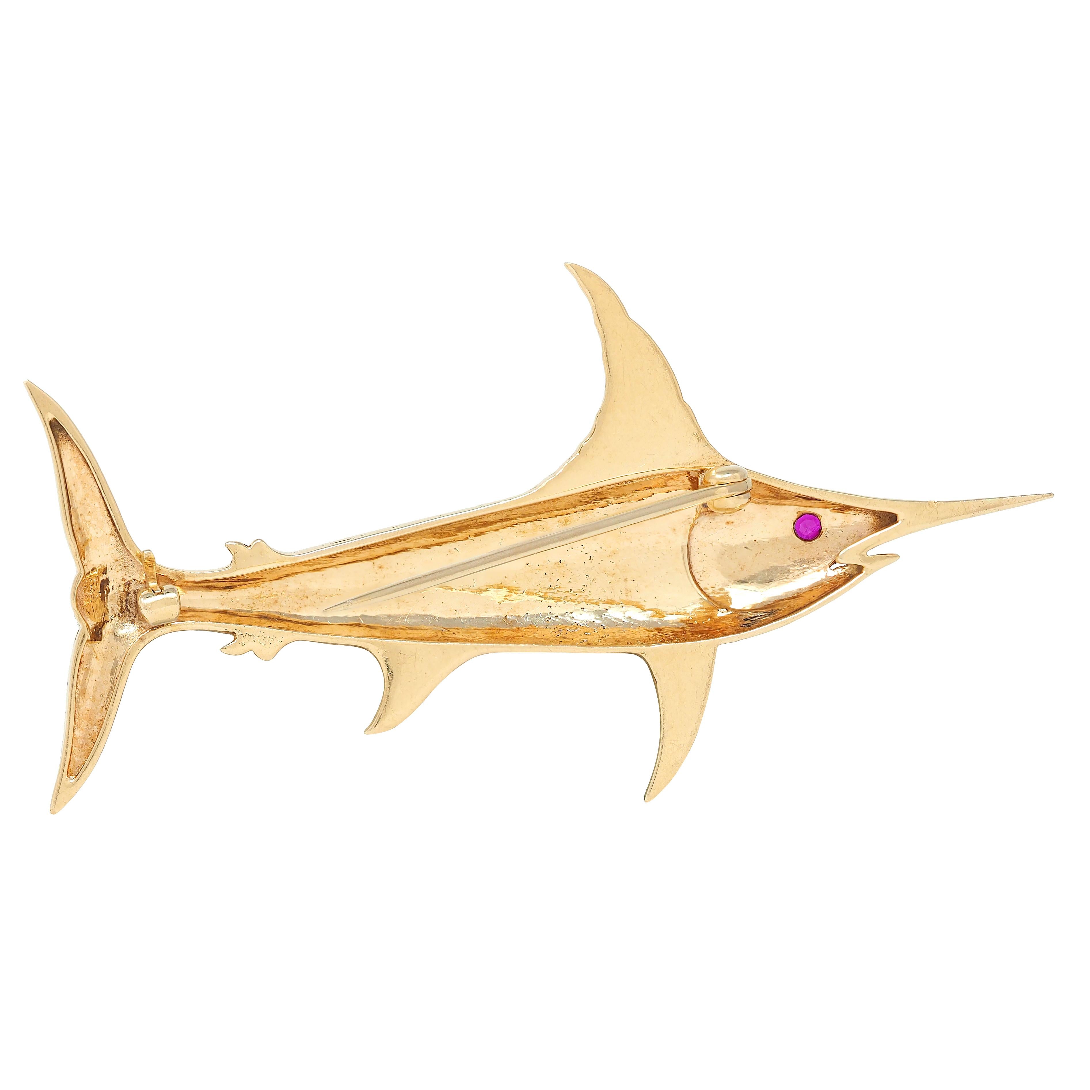 1960's Ruby 14 Karat Yellow Gold Vintage Sword Fish Brooch