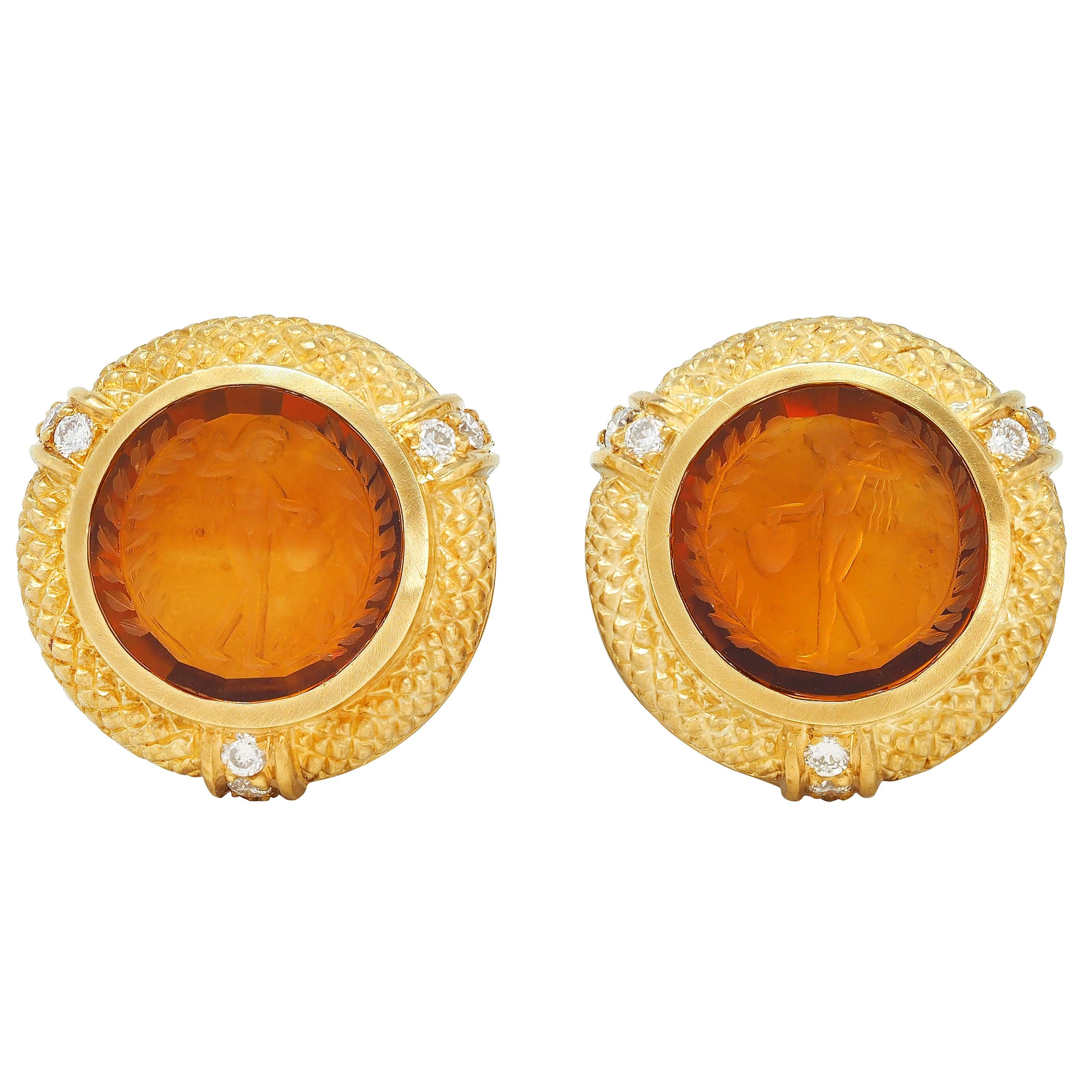 Judith Ripka 2000s Venetian Glass Diamond 18 Karat Yellow Gold Intaglio Earrings