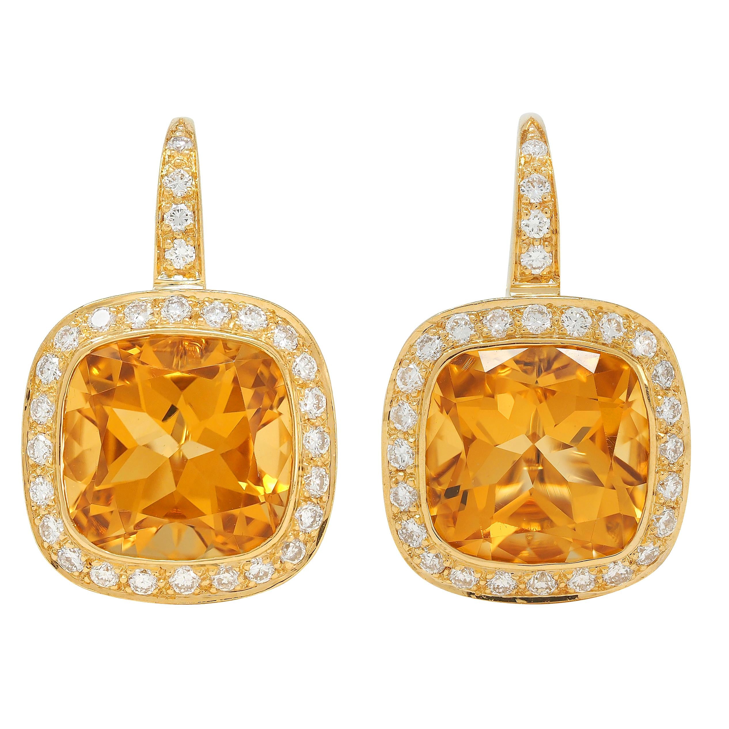 Contemporary 8.64 CTW Citrine Diamond 18 Karat Yellow Gold Drop Earrings