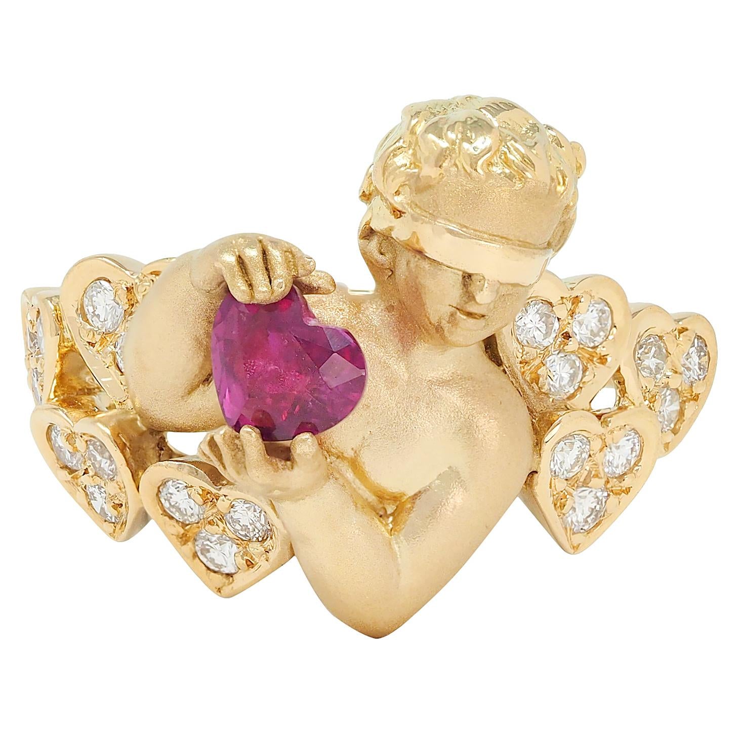 Carrera Y Carrera Ruby Diamond 18K Gold Love Is Blind Cherub Heart Ring