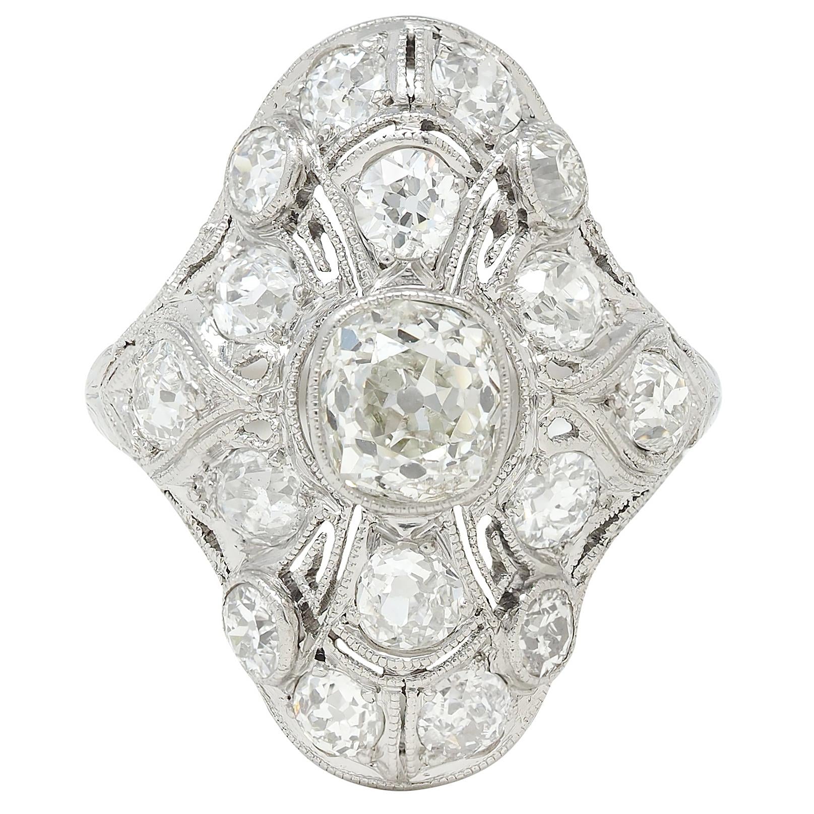 Art Deco 3.26 CTW Diamond Platinum Vintage Greek Key Navette Dinner Ring