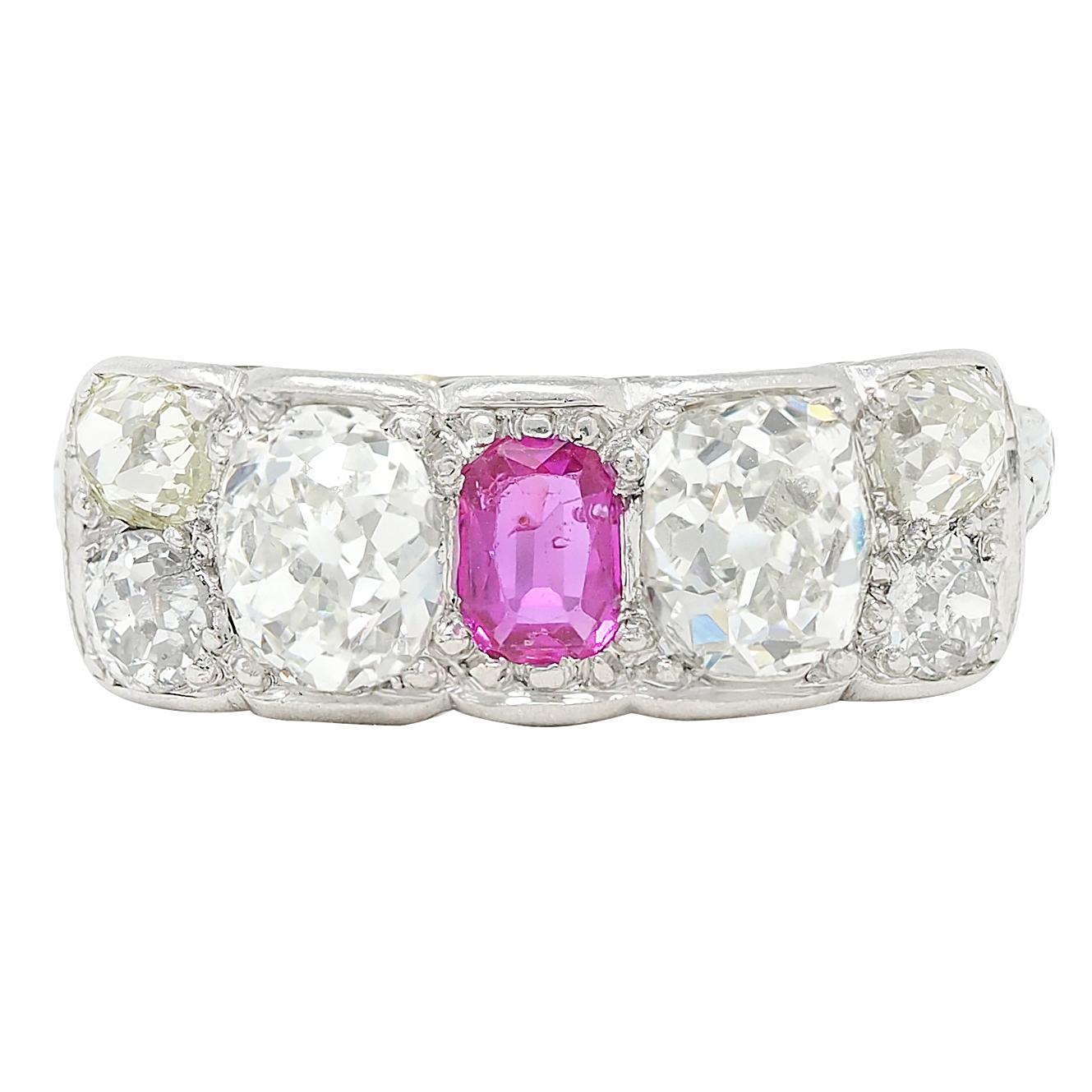 Art Deco 2.63 CTW Ruby Diamond 18K White Gold Vintage Wheat Band Ring