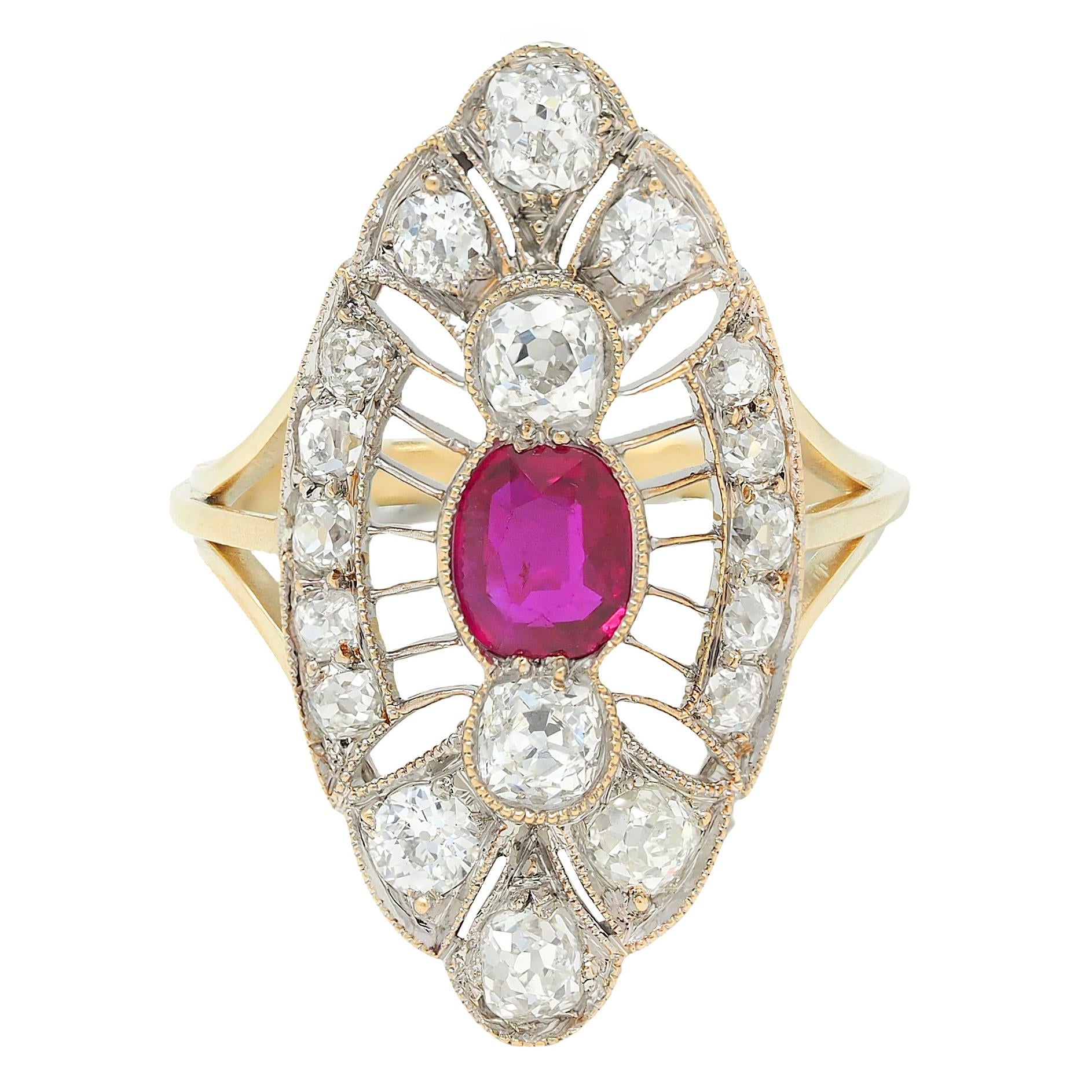 Edwardian 2.32 CTW Ruby Diamond 18K Two-Tone Gold Antique Navette Dinner Ring