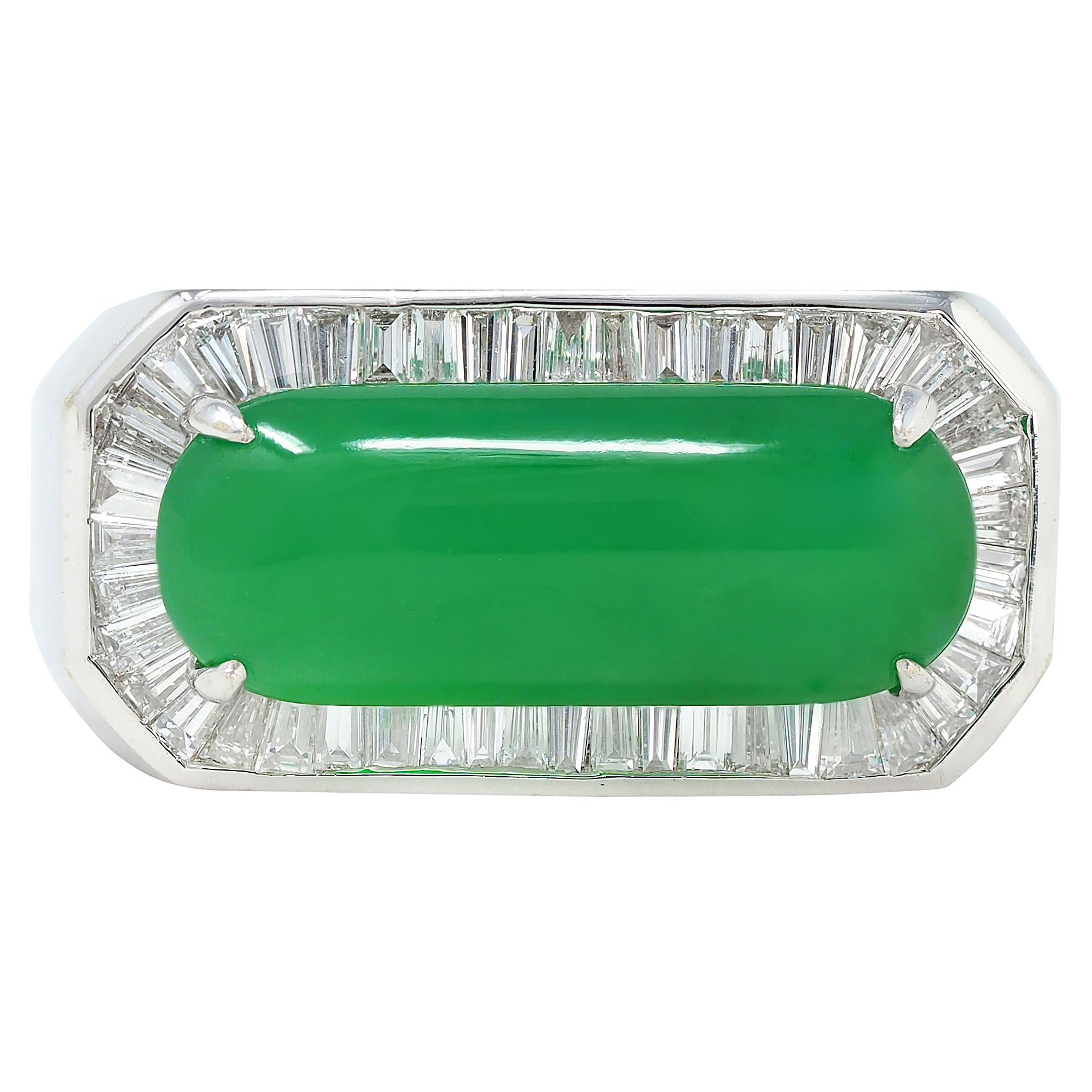 Contemporary Type A Jadeite Jade Diamond 18 Karat White Gold Halo Ring GIA