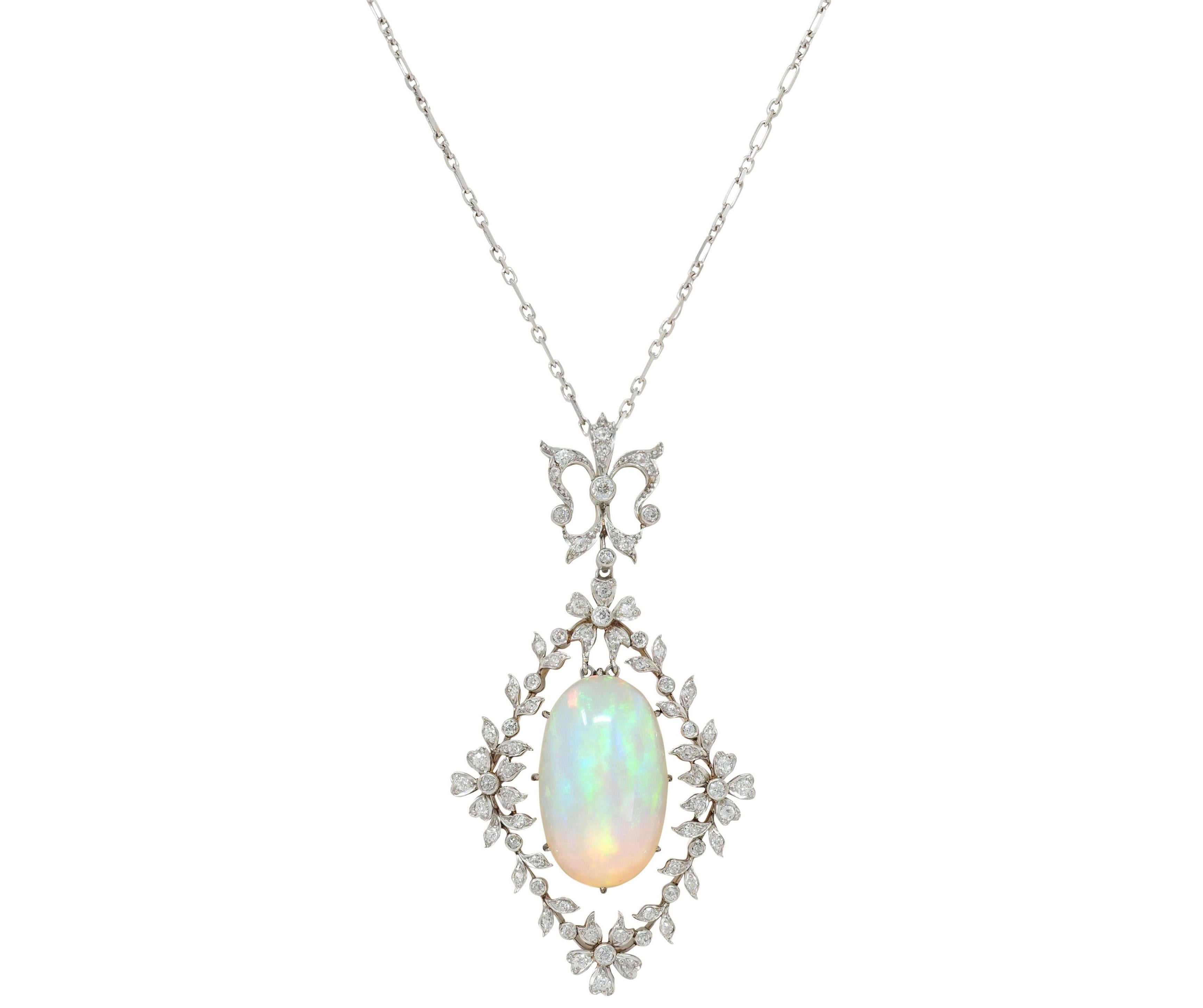 Edwardian Opal Diamond Platinum 18K Gold Garland Antique Pendant Necklace