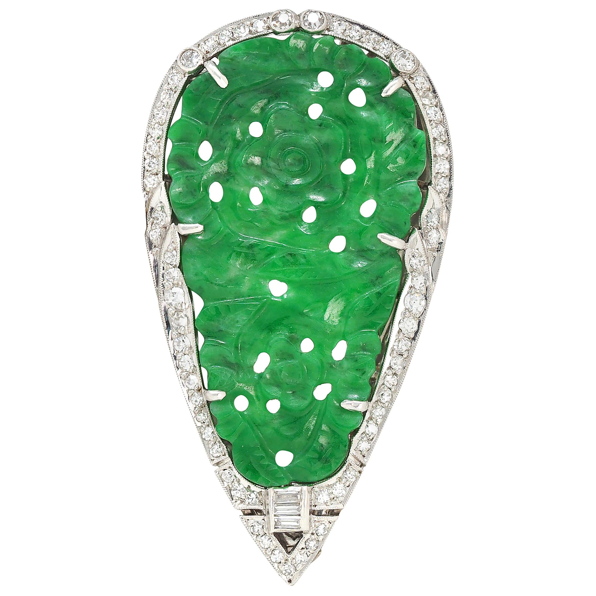 Marcus & Co. Art Deco Carved Jade Diamond Platinum Floral Brooch Pendant Clip