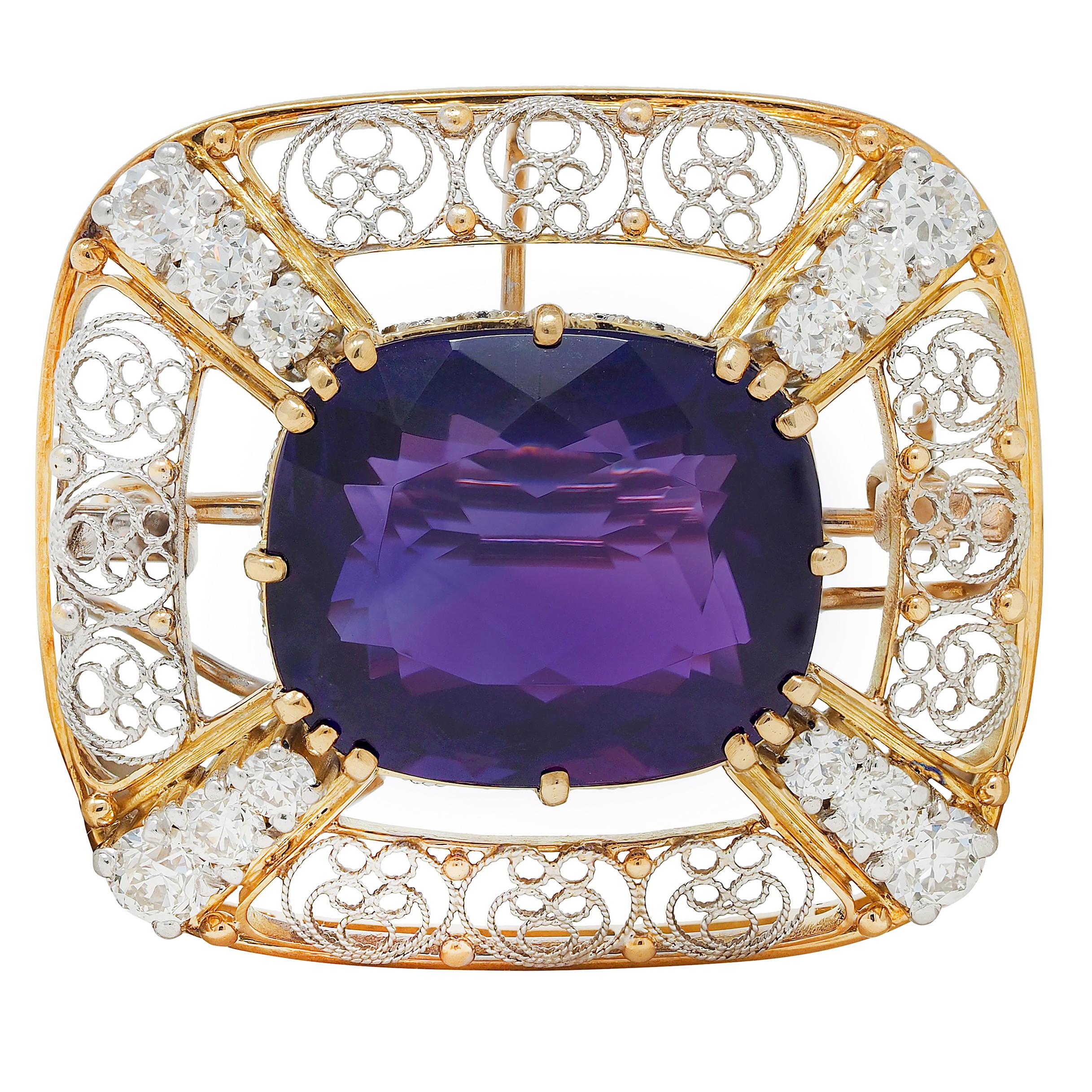 Louis Comfort Tiffany & Co. Amethyst Diamond Platinum 14K Gold Antique Brooch