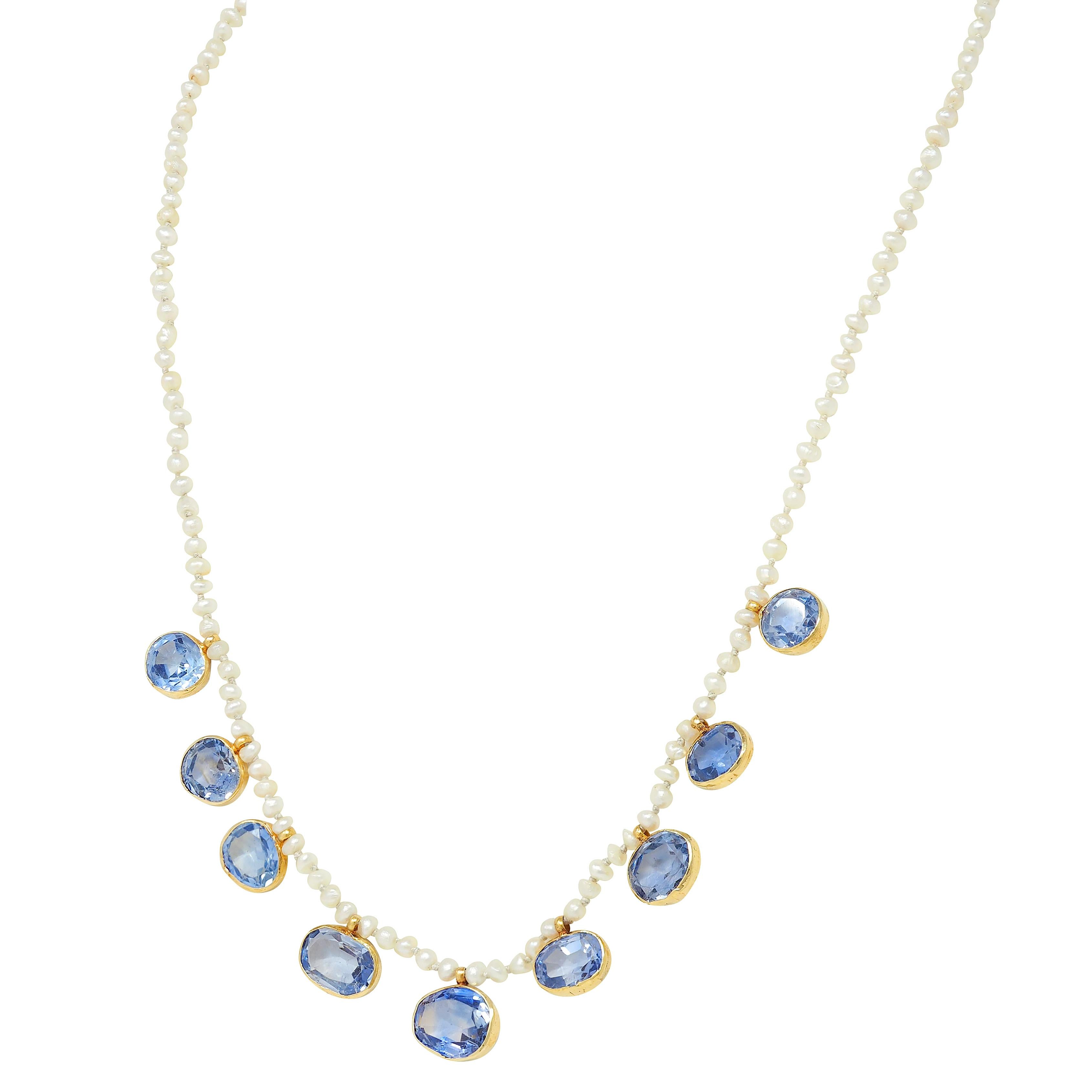 Antique 19.09 CTW Sapphire Seed Pearl 20K Yellow Gold Beaded Fringe Necklace