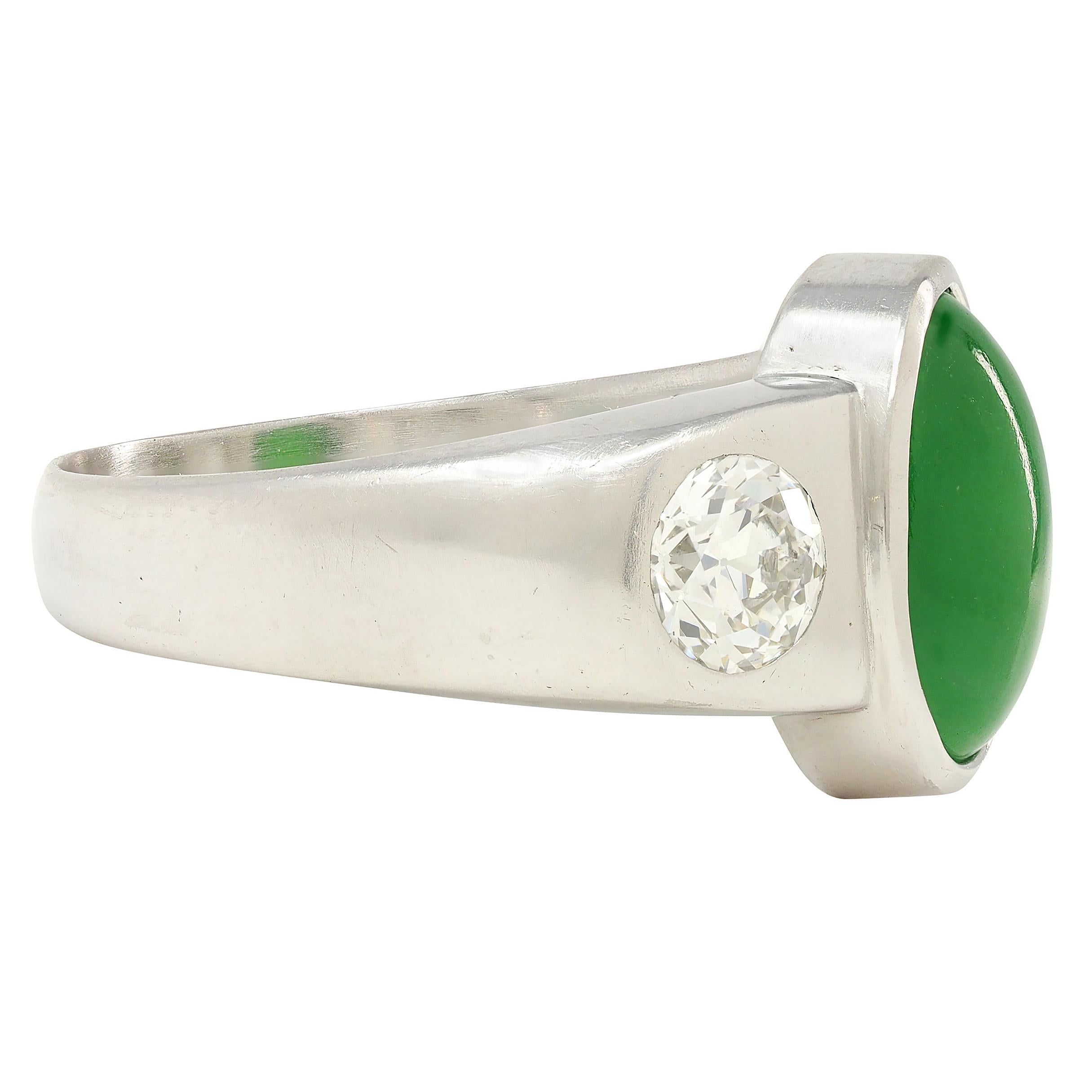 Contemporary Jade Diamond Platinum Three Stone Unisex Men's Bezel Ring