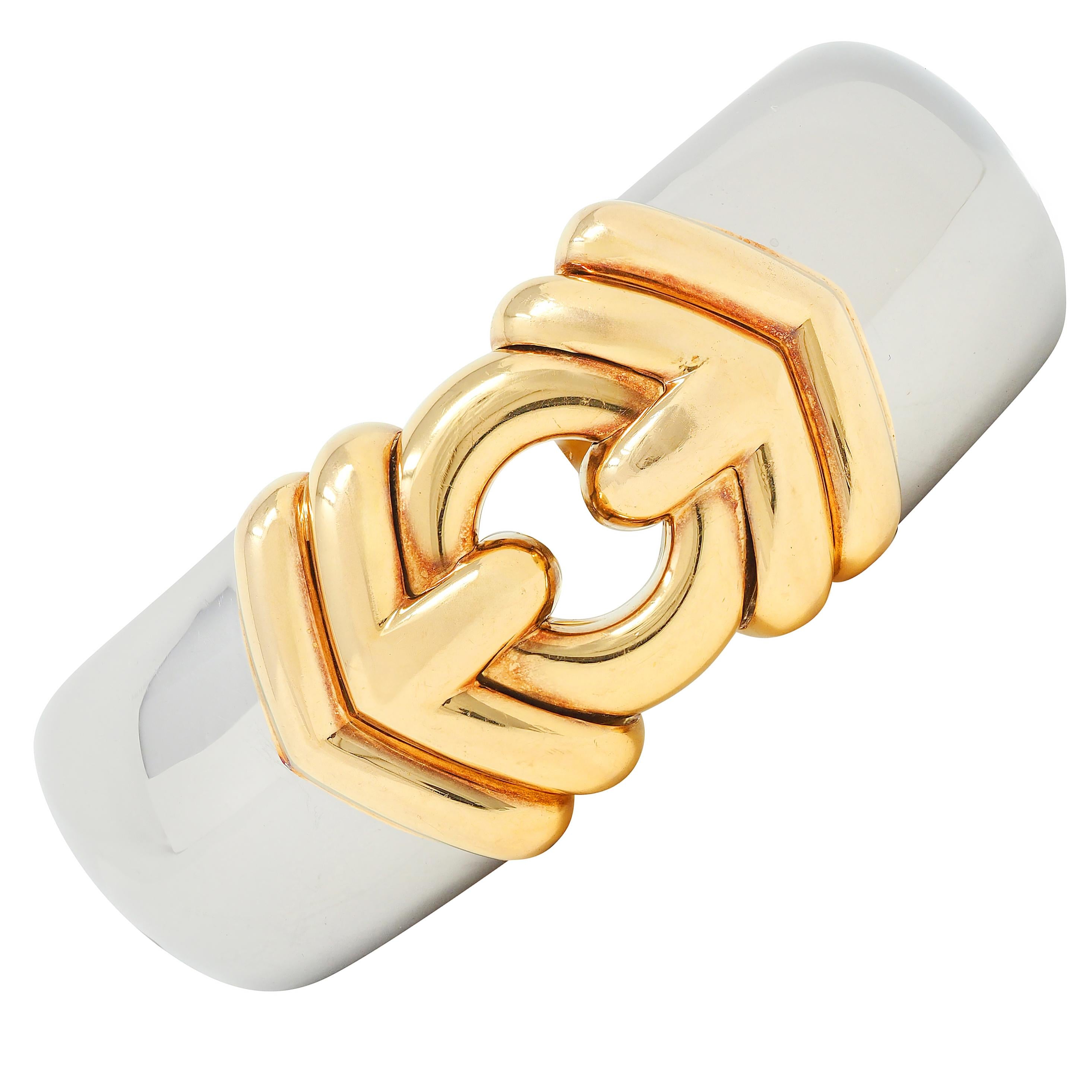 Bulgari 1990's 18K Yellow Gold Stainless Steel Vintage Alveare Cuff Bracelet