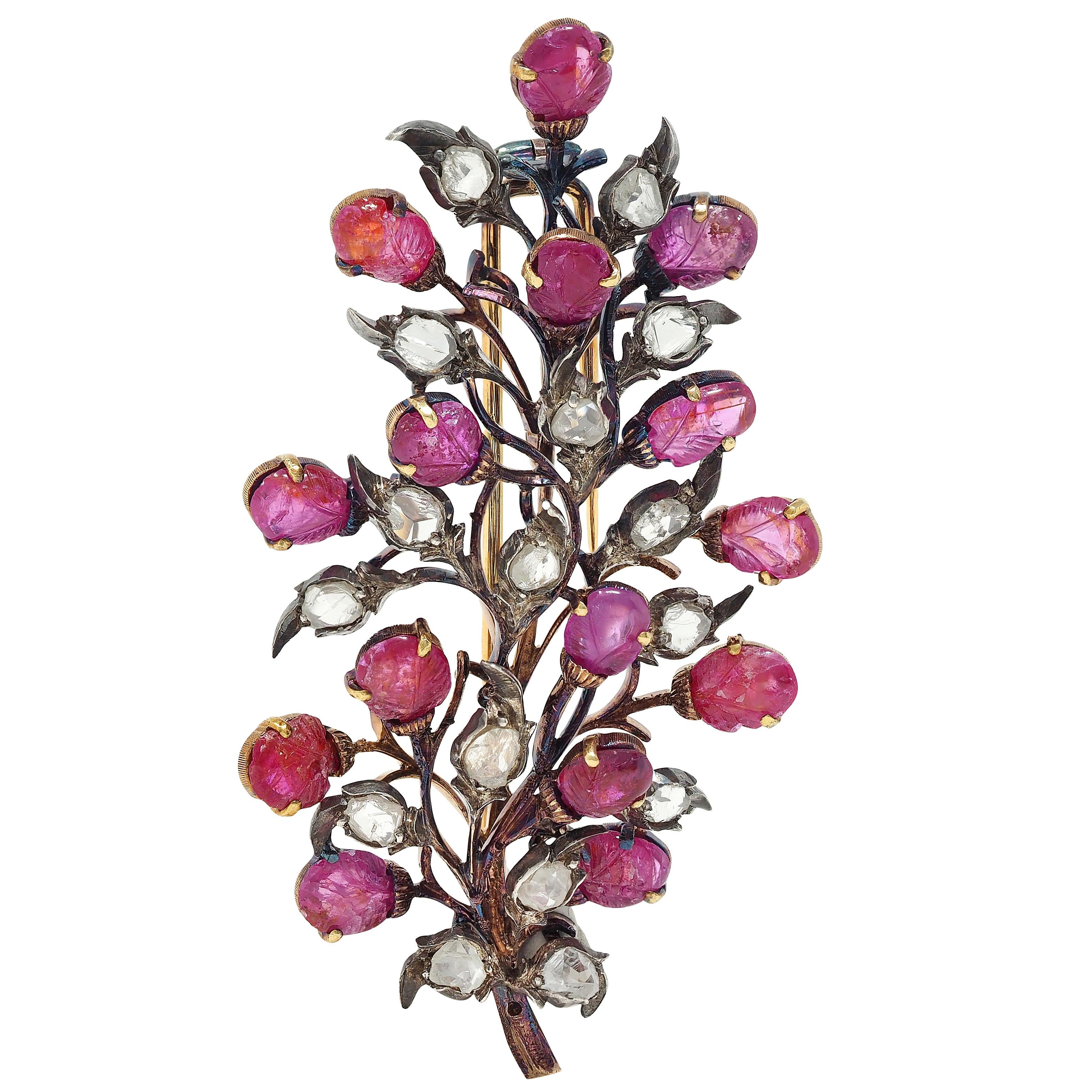 Buccellati Mid-Century Ruby Diamond 18K Gold Silver Vintage Foliate Brooch