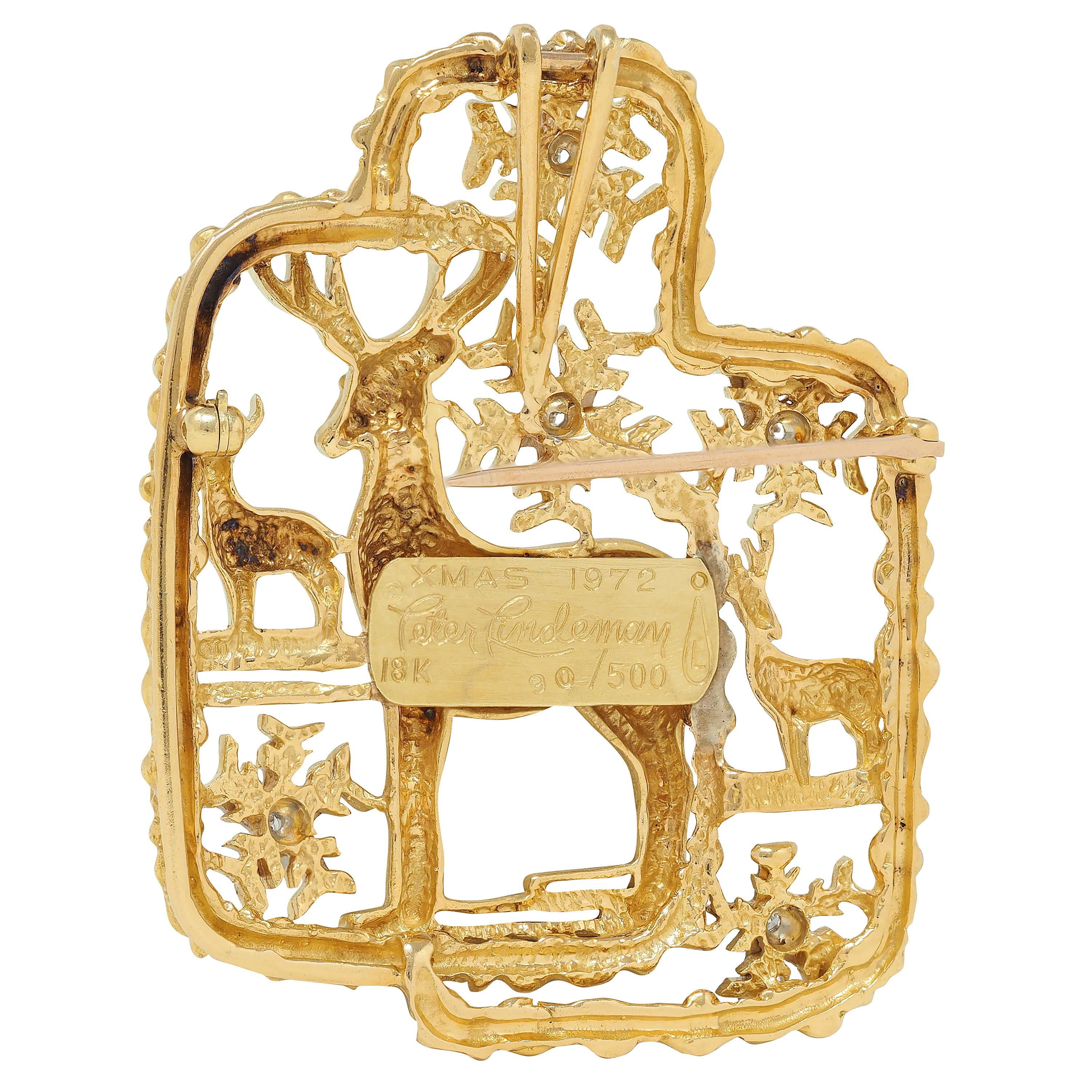 Peter Lindeman 1975 Diamond 18 Karat Two-Tone Gold Vintage Reindeer Xmas Brooch