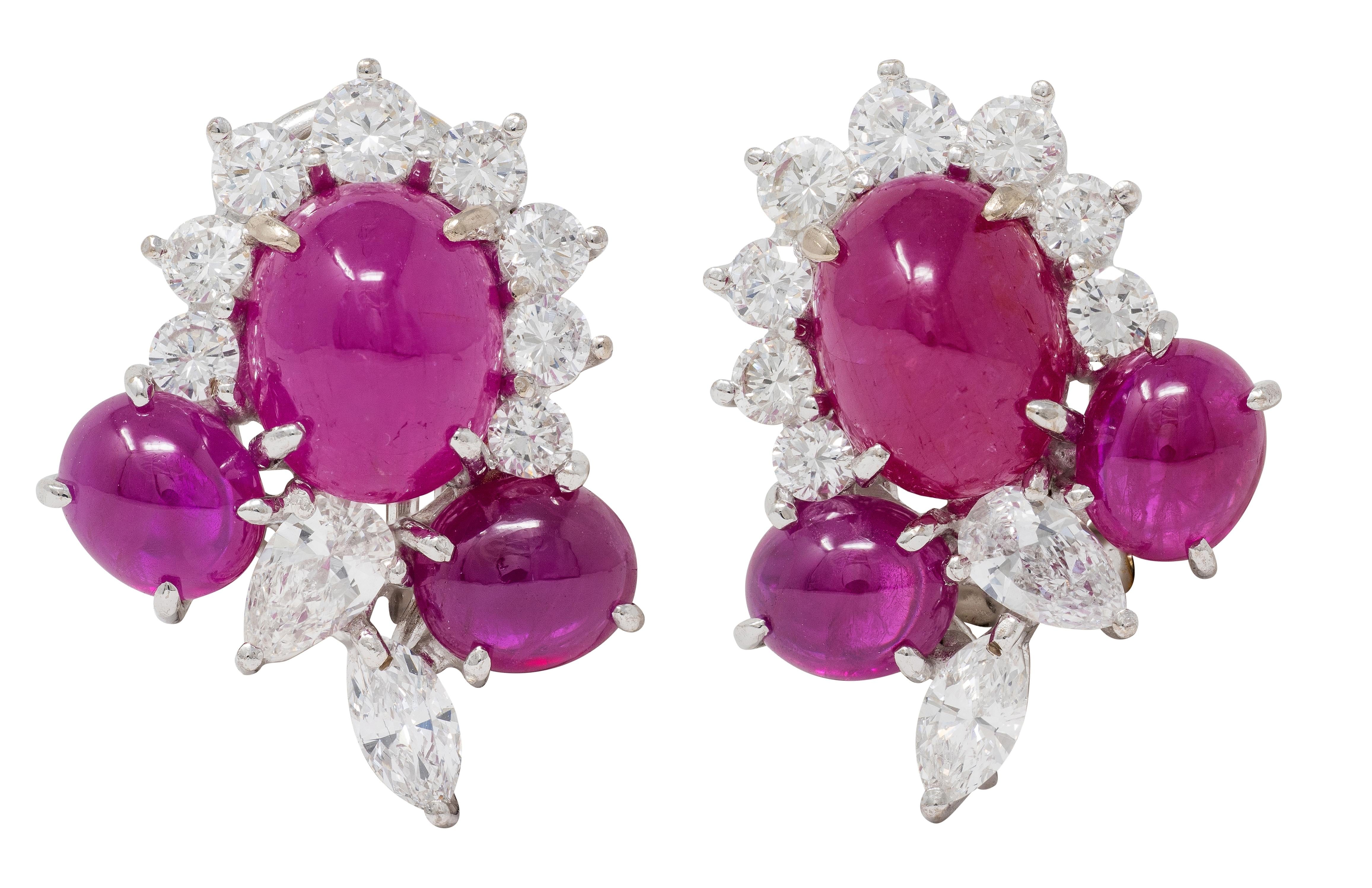 Contemporary 14.19 CTW Ruby Diamond Platinum 18 Karat White Gold Floral Earrings