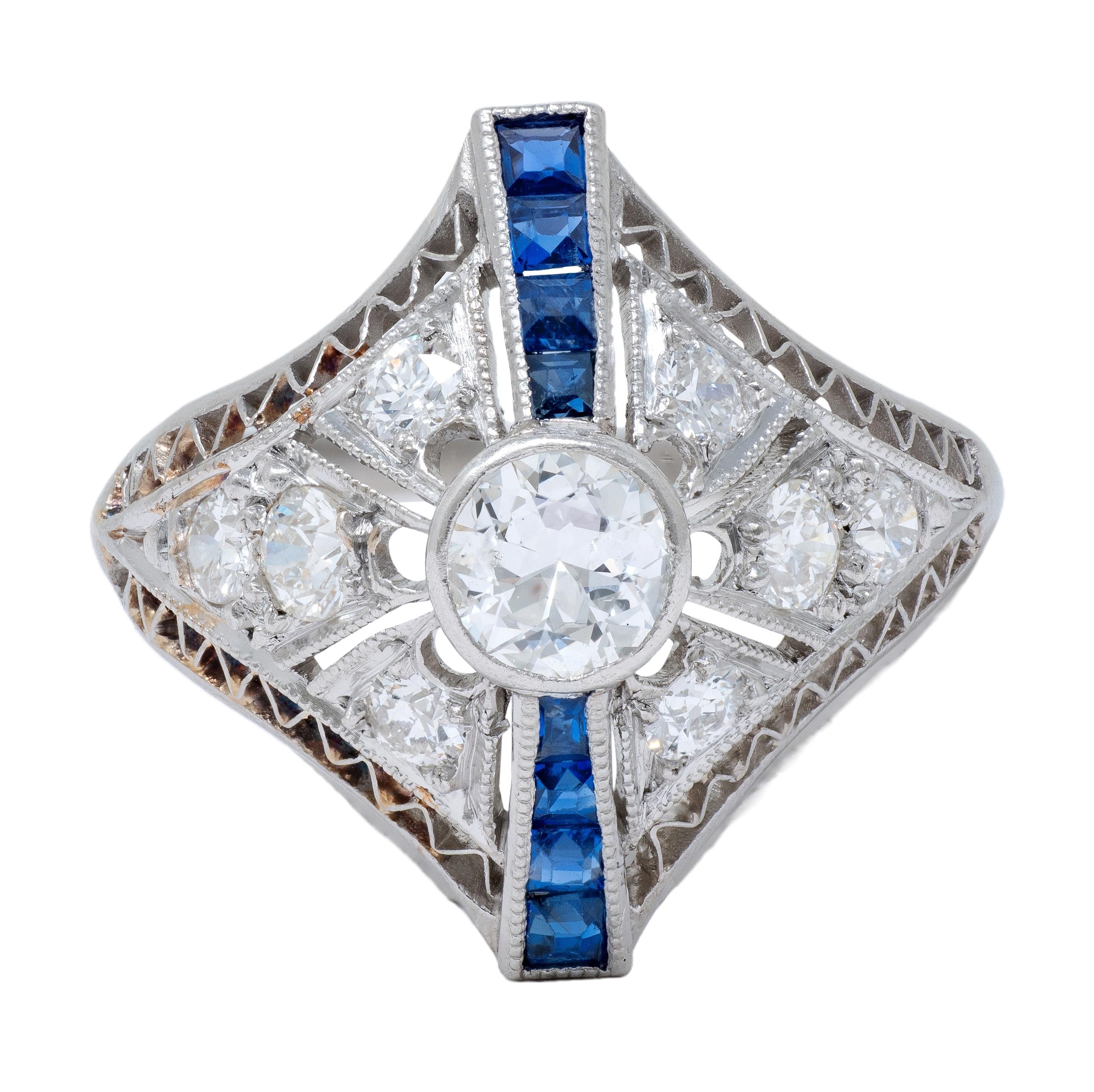 Art Deco 0.94 CTW Sapphire Diamond Platinum Vintage Zig-Zag Navette Dinner Ring