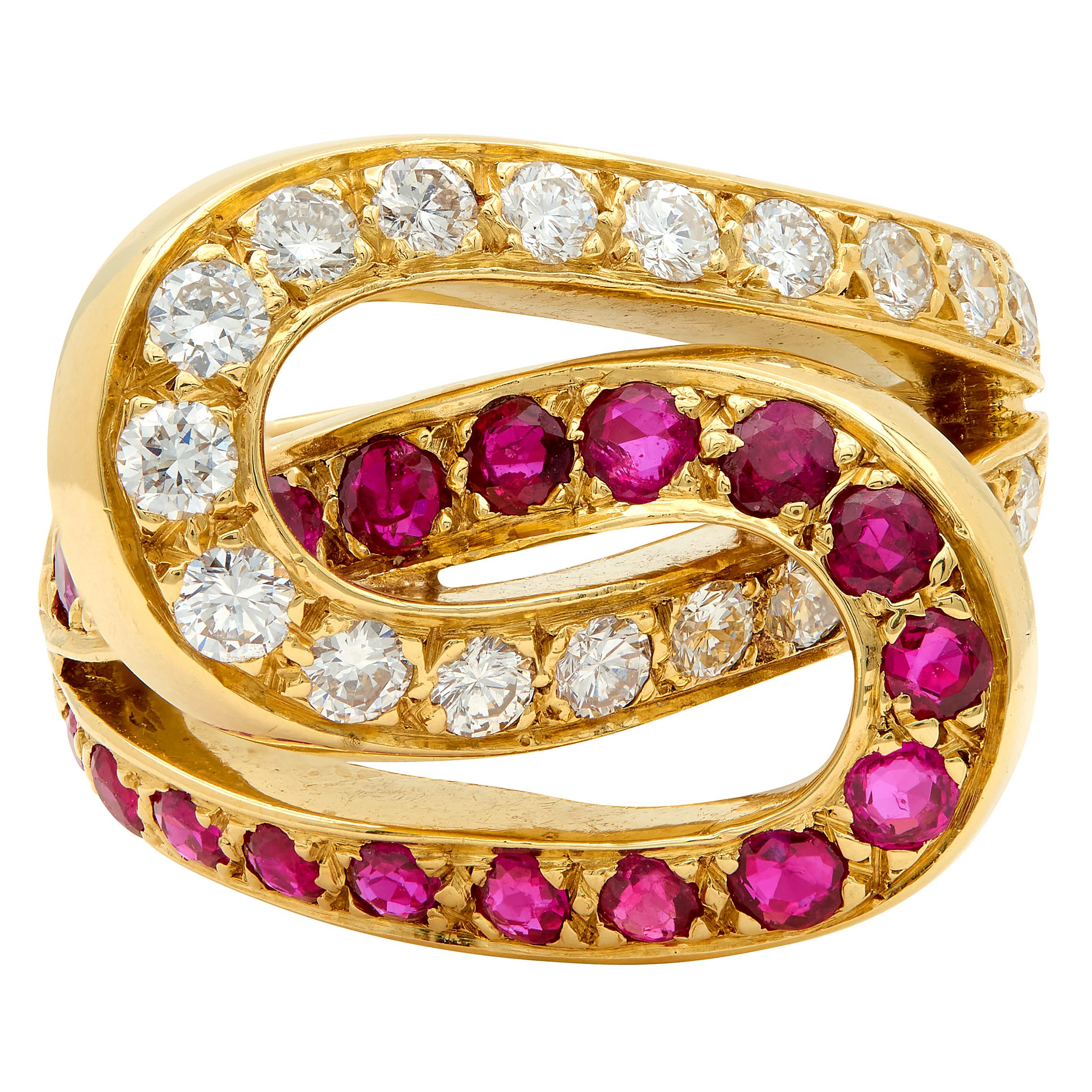 Mid-Century 1.35 CTW Ruby Diamond Platinum Vintage Double Horseshoe Ring