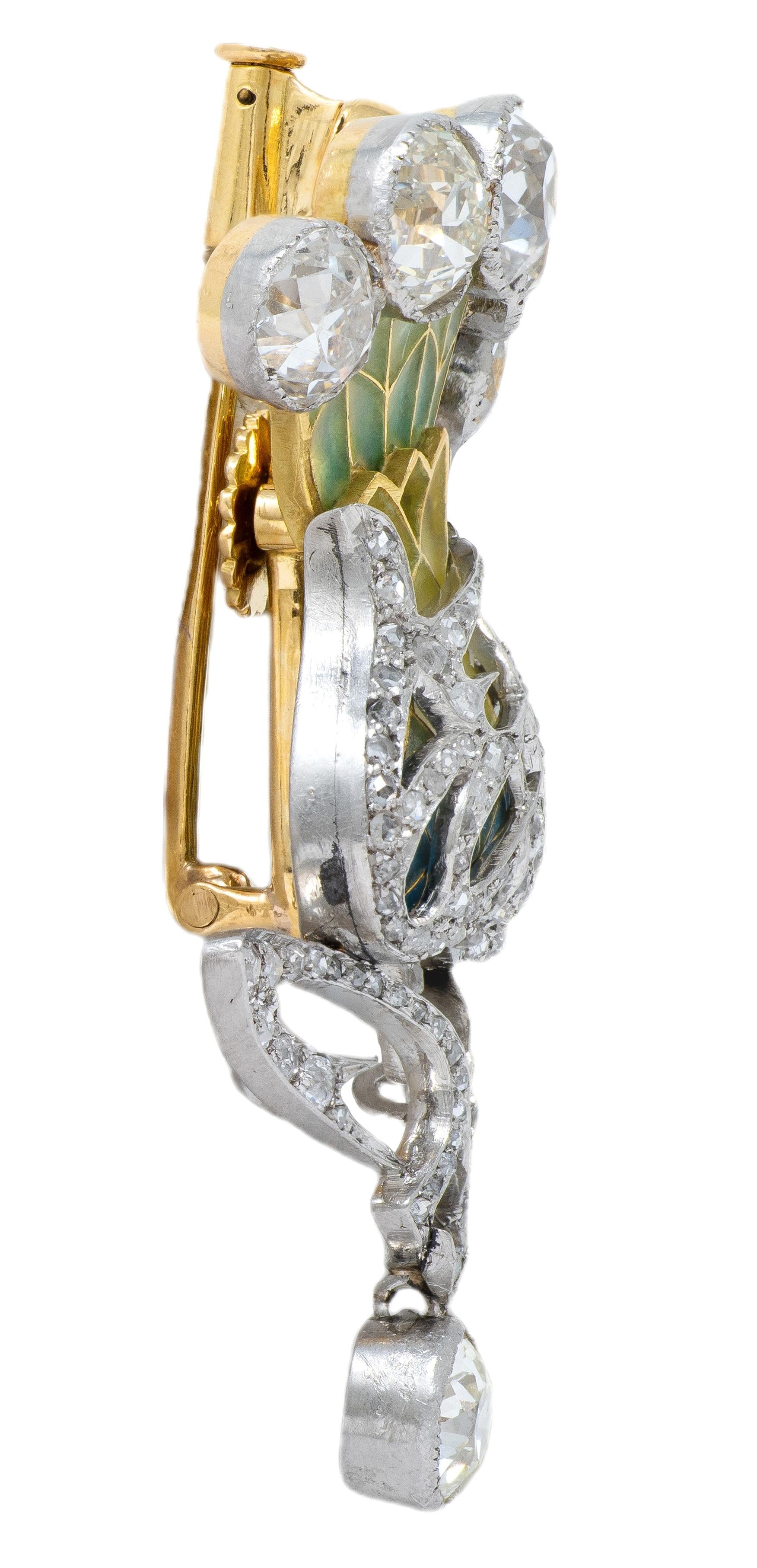 Art Nouveau Plique-a-Jour Enamel Diamond Platinum 18K Thistle Pendant Brooch