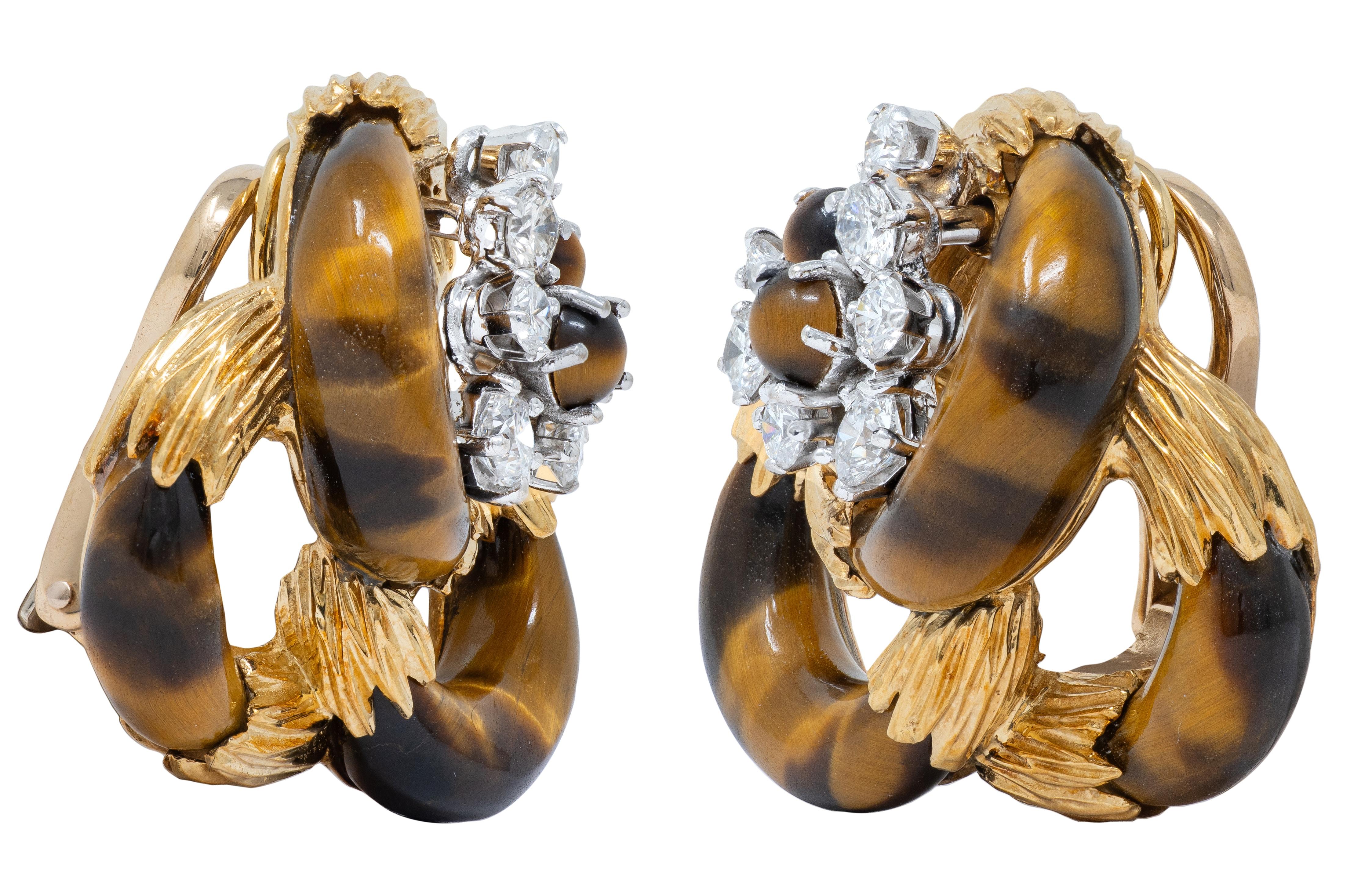 Kutchinsky 1974 Diamond Tiger's Eye 18K Gold Vintage Loop Ear-Clip Earrings