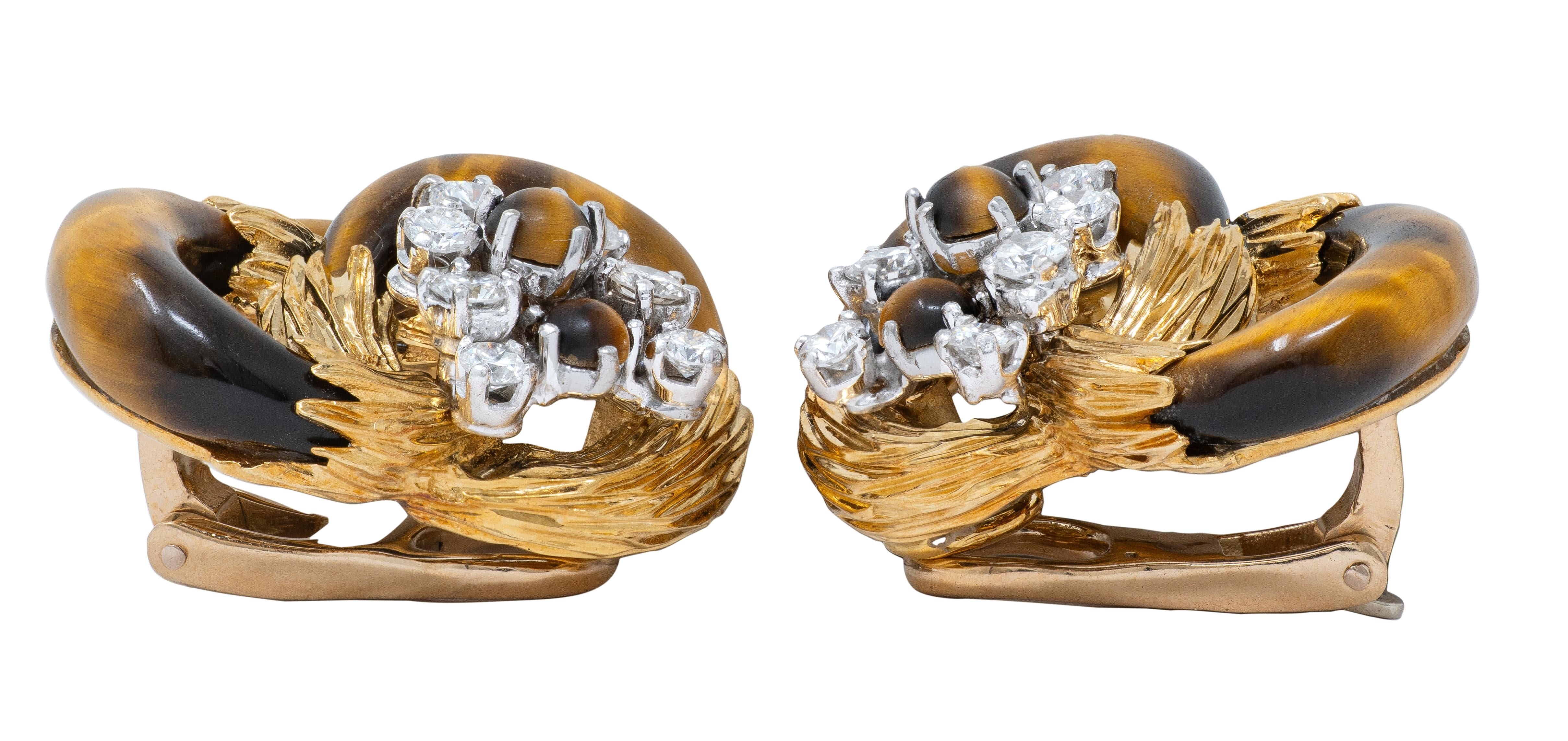 Kutchinsky 1974 Diamond Tiger's Eye 18K Gold Vintage Loop Ear-Clip Earrings