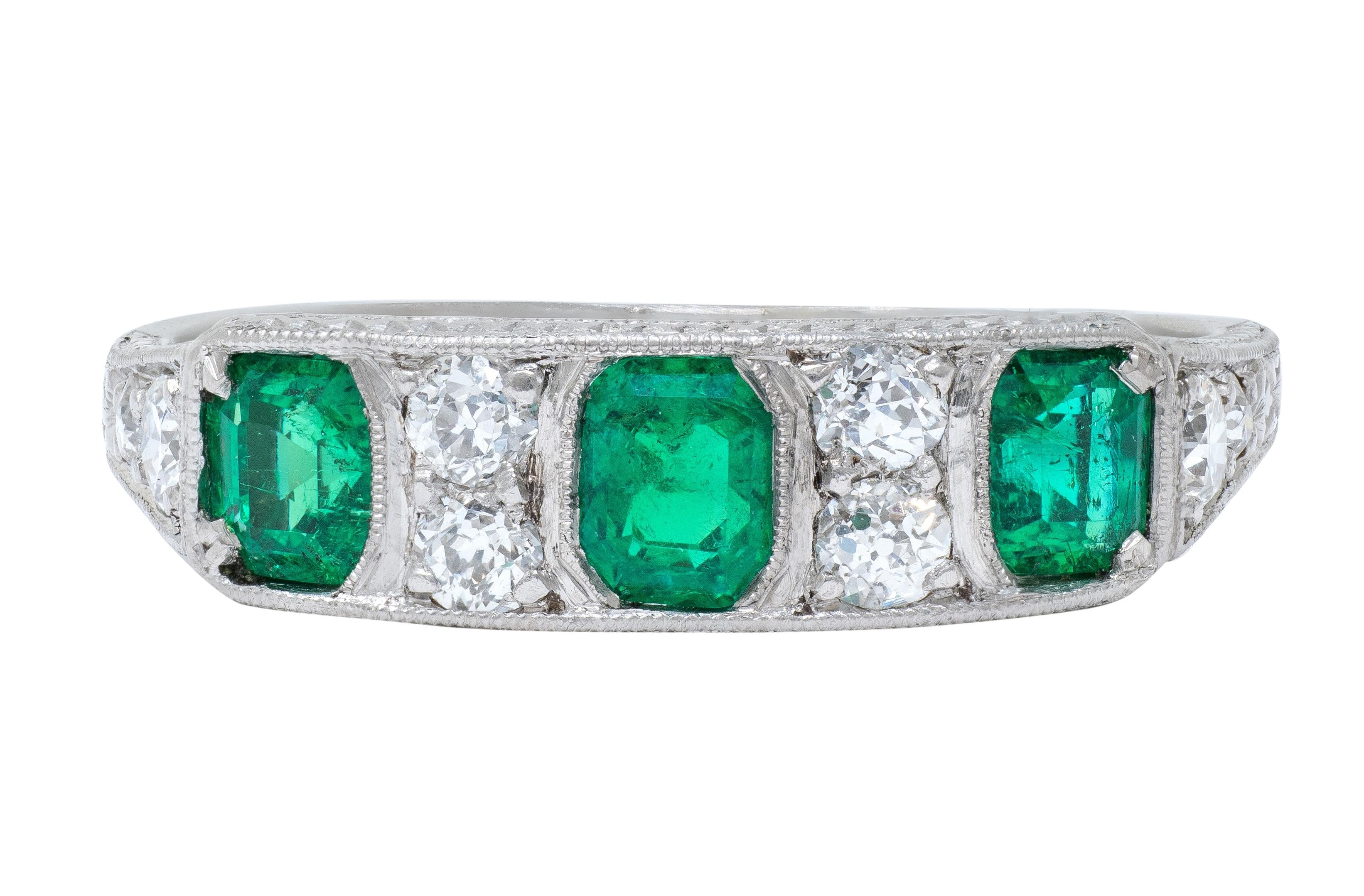 Art Deco 1.05 CTW Emerald Diamond Platinum Vintage Band Ring
