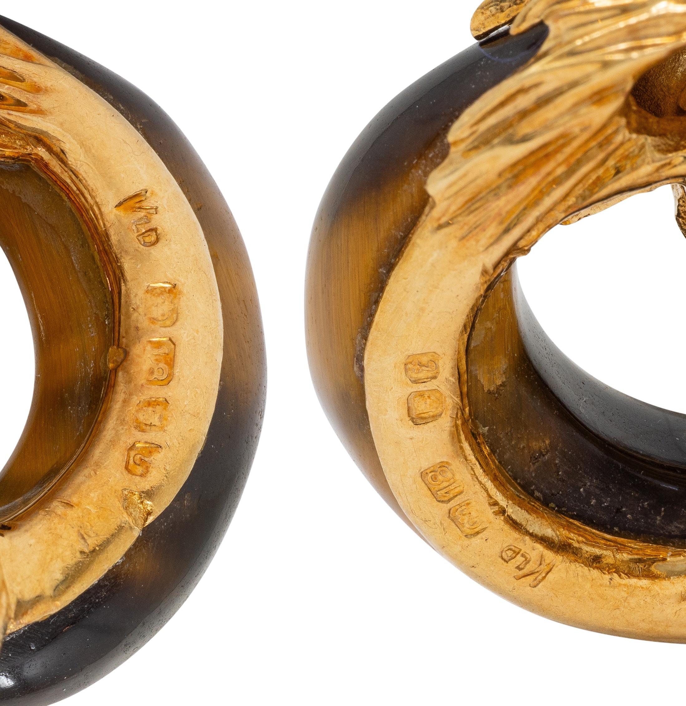 Kutchinsky 1974 Diamond Tiger's Eye 18K Gold Vintage Loop Ear-Clip Earrings