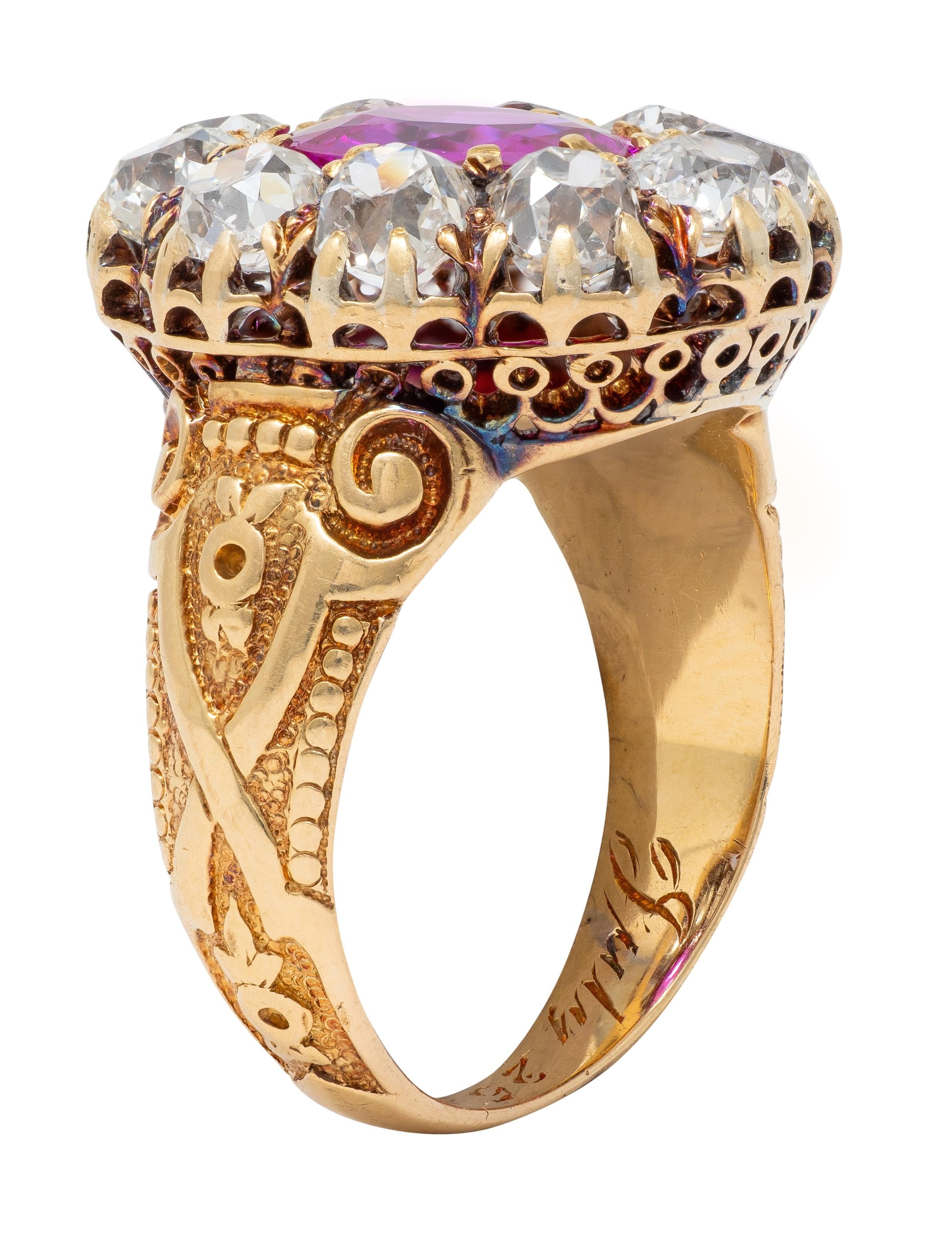 Victorian 1863 No Heat Burma Pink Sapphire Diamond 18K Gold Antique Halo Ring