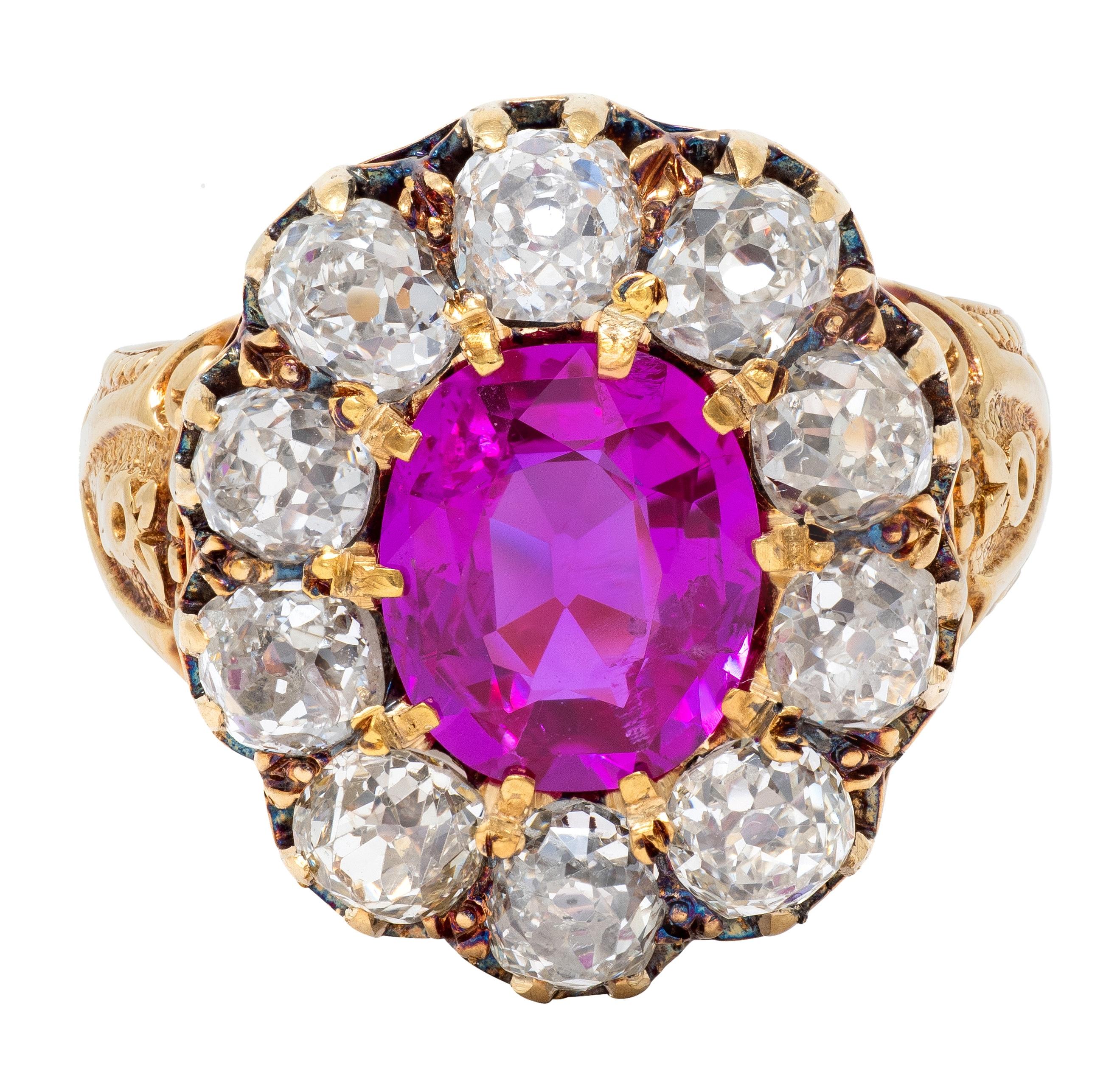 Victorian 1863 No Heat Burma Pink Sapphire Diamond 18K Gold Antique Halo Ring