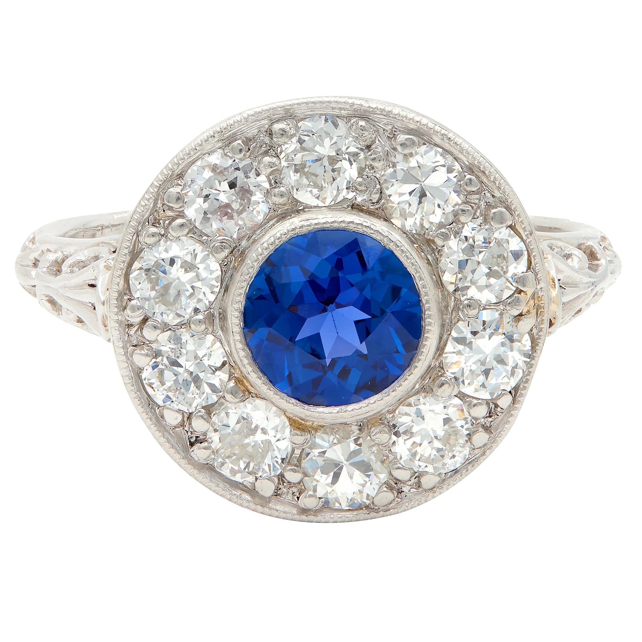 Art Deco 1.76 CTW Sapphire Diamond Platinum Antique Laurel Halo Ring