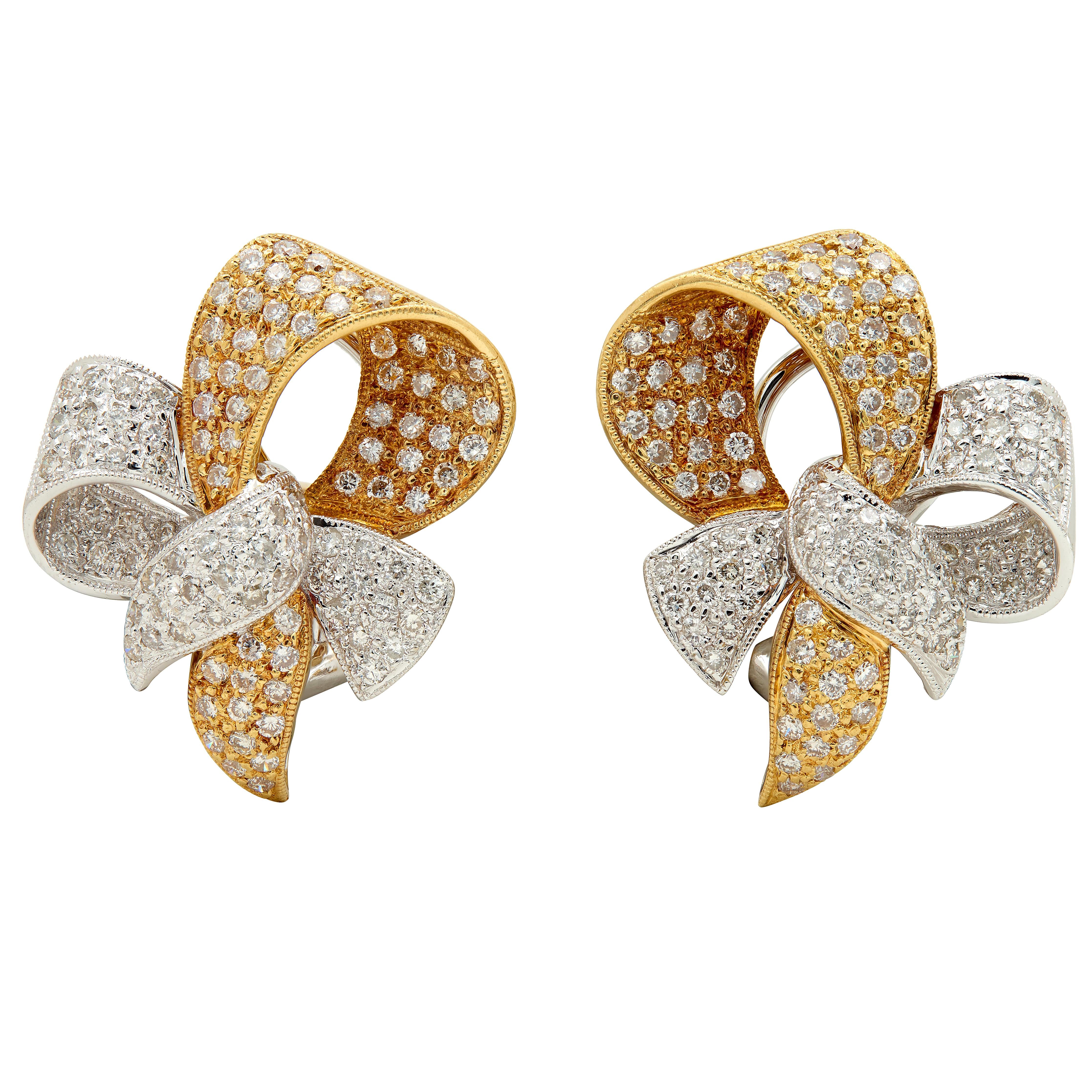 Contemporary 2.56 CTW Diamond 18 Karat Two-Tone Yellow Gold Bow Earrings