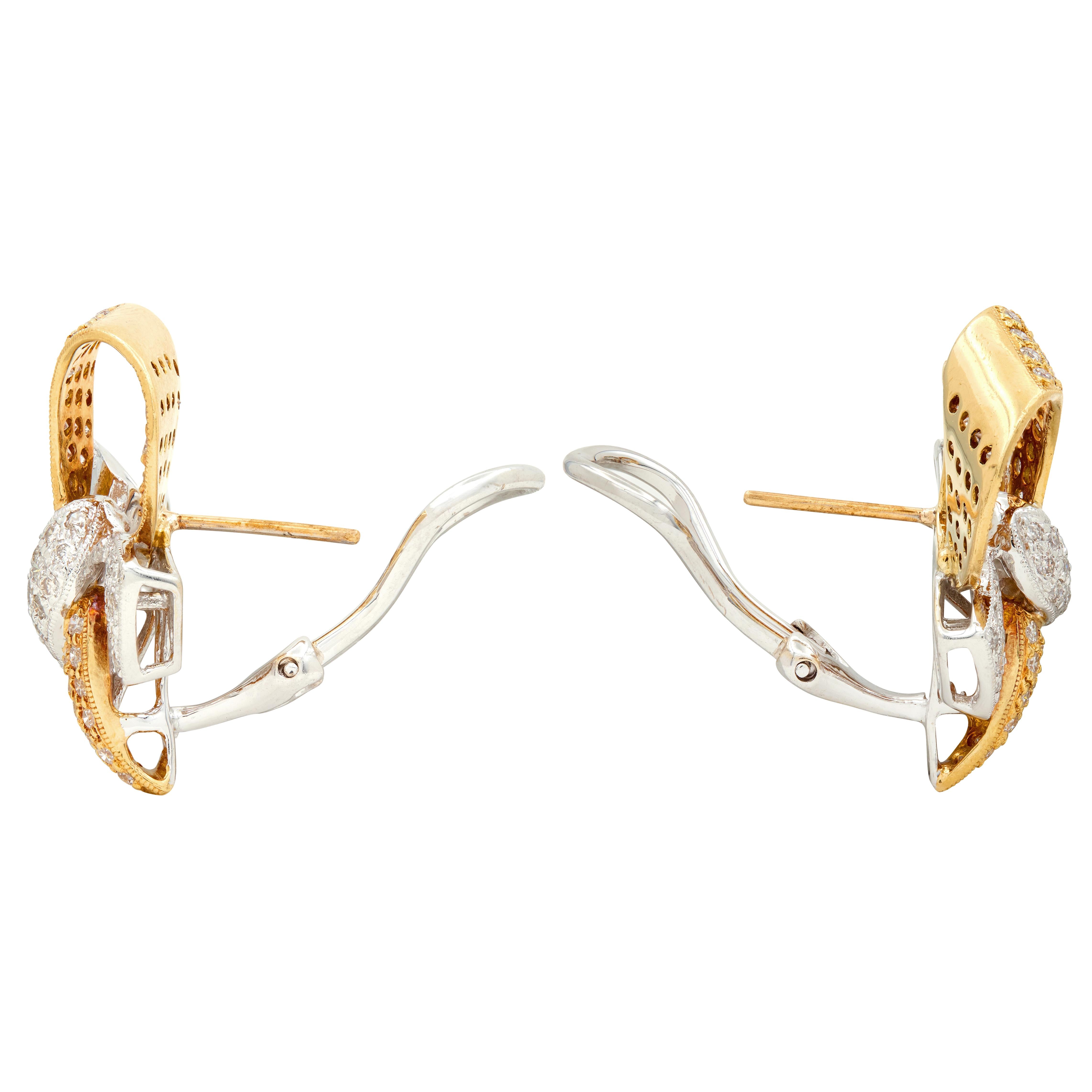 Contemporary 2.56 CTW Diamond 18 Karat Two-Tone Yellow Gold Bow Earrings