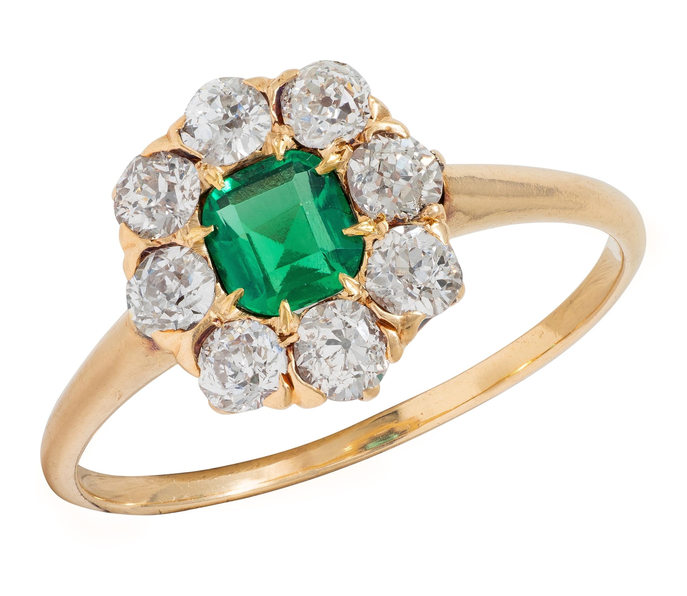 Victorian 1.23 CTW Emerald Diamond 14 Karat Yellow Gold Antique Halo Ring