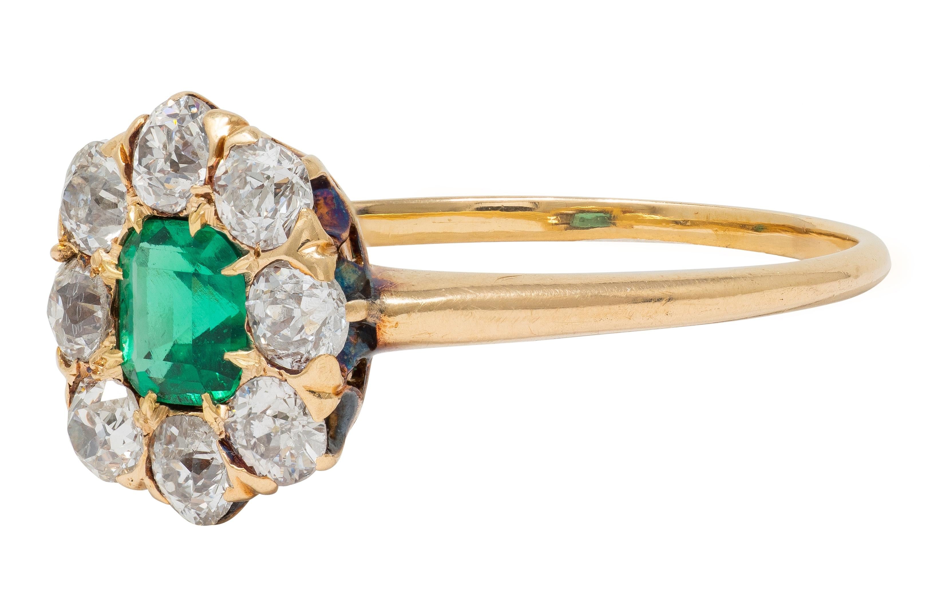 Victorian 1.23 CTW Emerald Diamond 14 Karat Yellow Gold Antique Halo Ring
