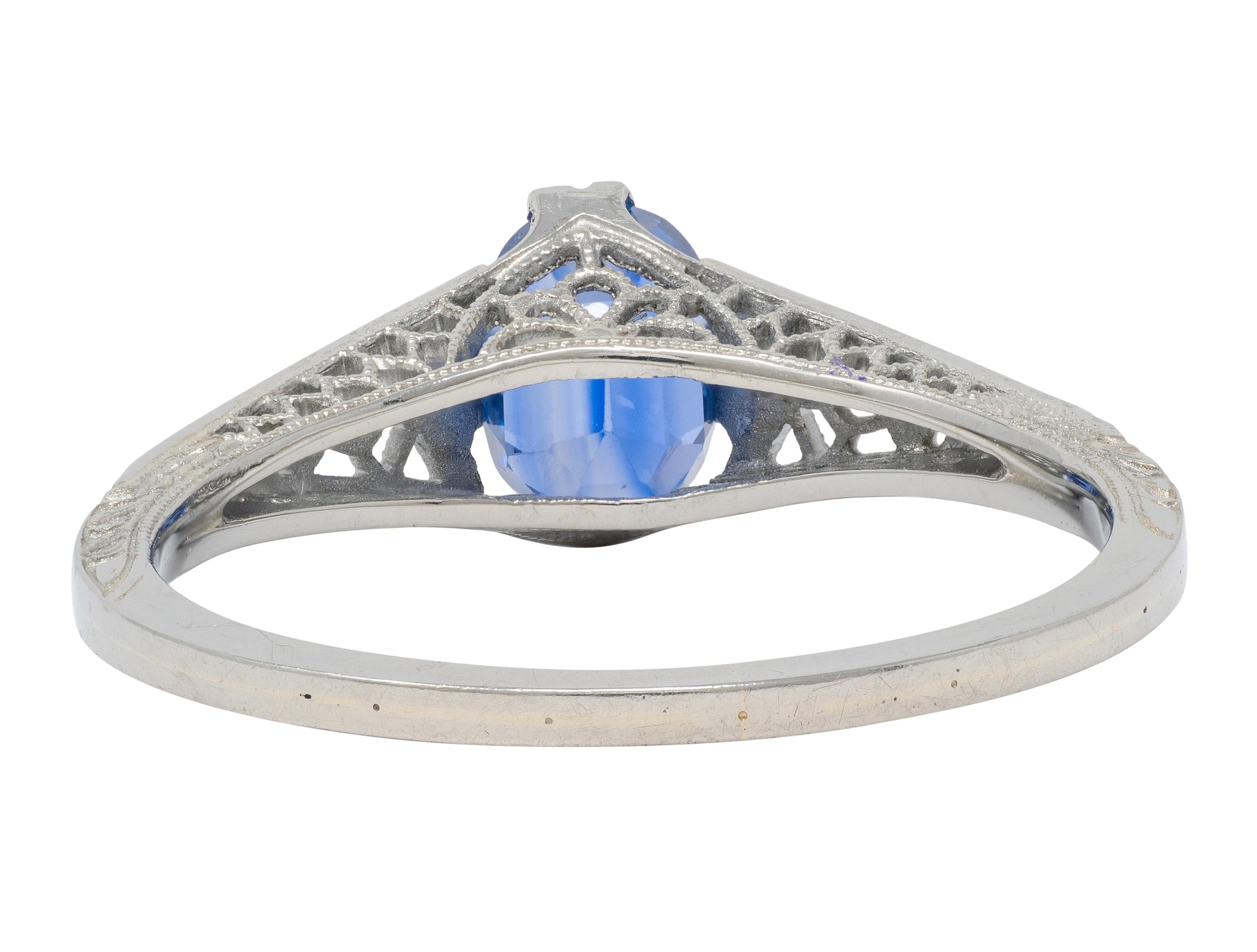 Art Deco 0.93 CTW Oval Cut Sapphire 18 Karat White Gold Vintage Lotus Ring