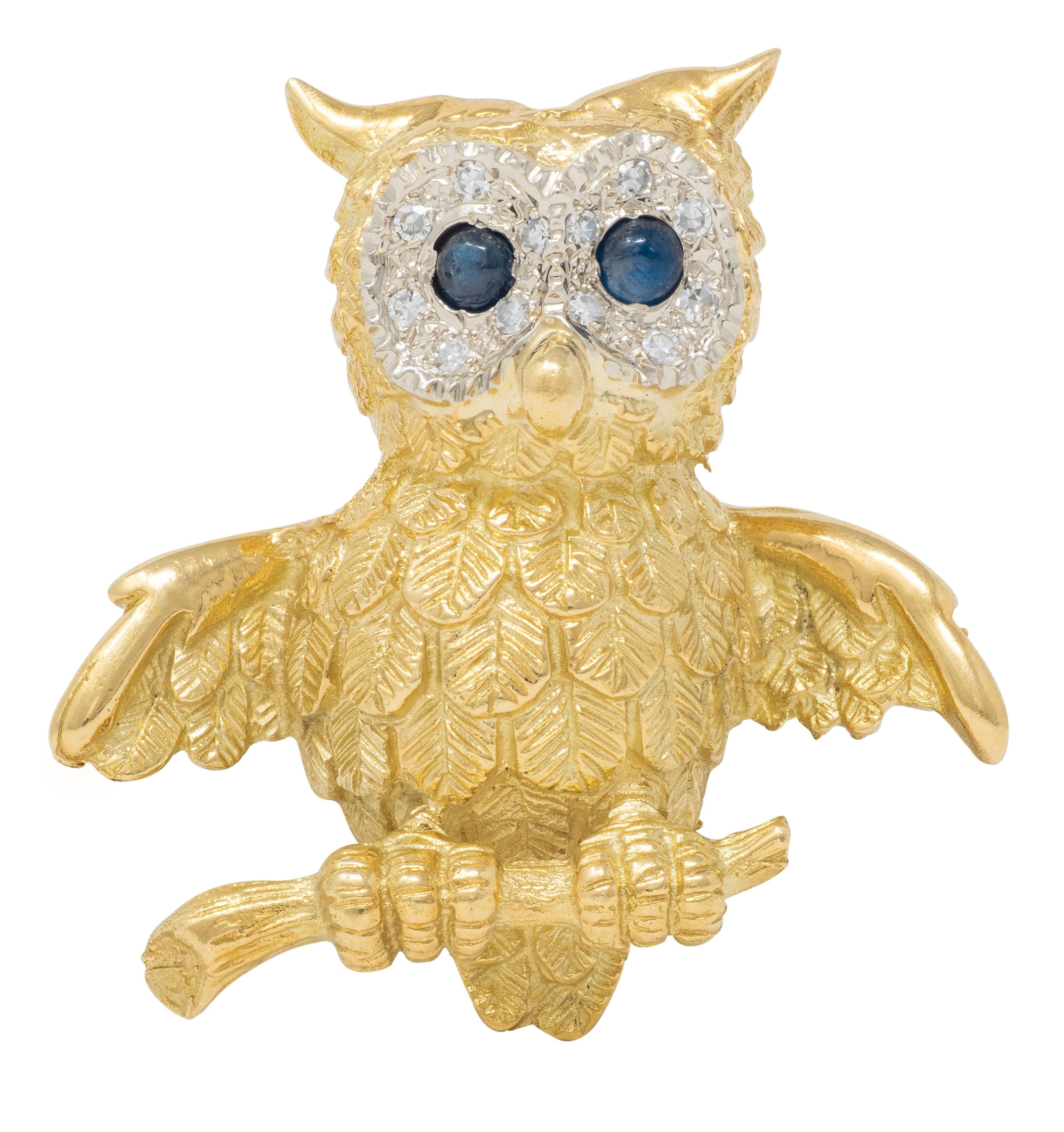 Vintage 18 Karat Yellow Gold Sapphire Diamond Whimsical Owl Bird Brooch