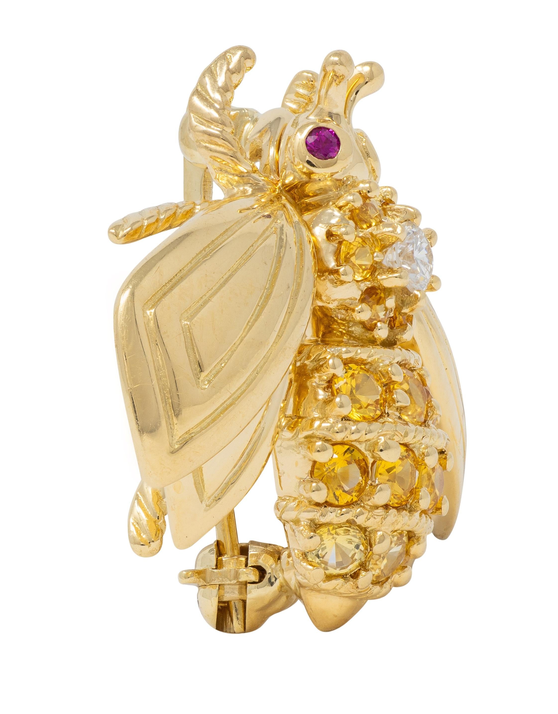 Tiffany & Co. 1980s Diamond Ruby Sapphire 18K Yellow Gold Vintage Bee Bug Brooch