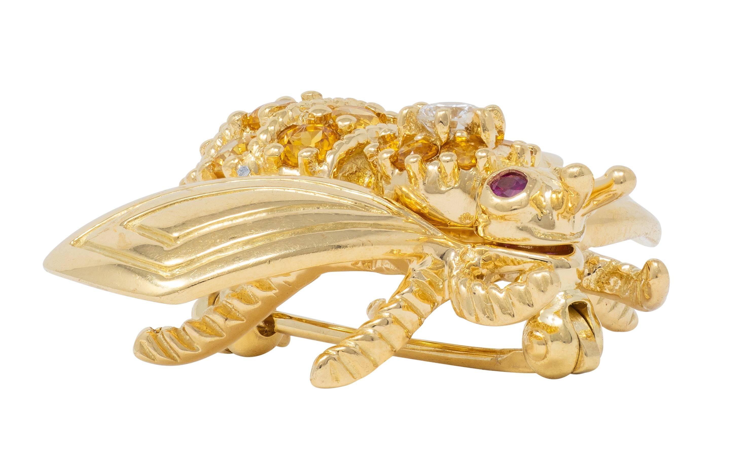 Tiffany & Co. 1980s Diamond Ruby Sapphire 18K Yellow Gold Vintage Bee Bug Brooch