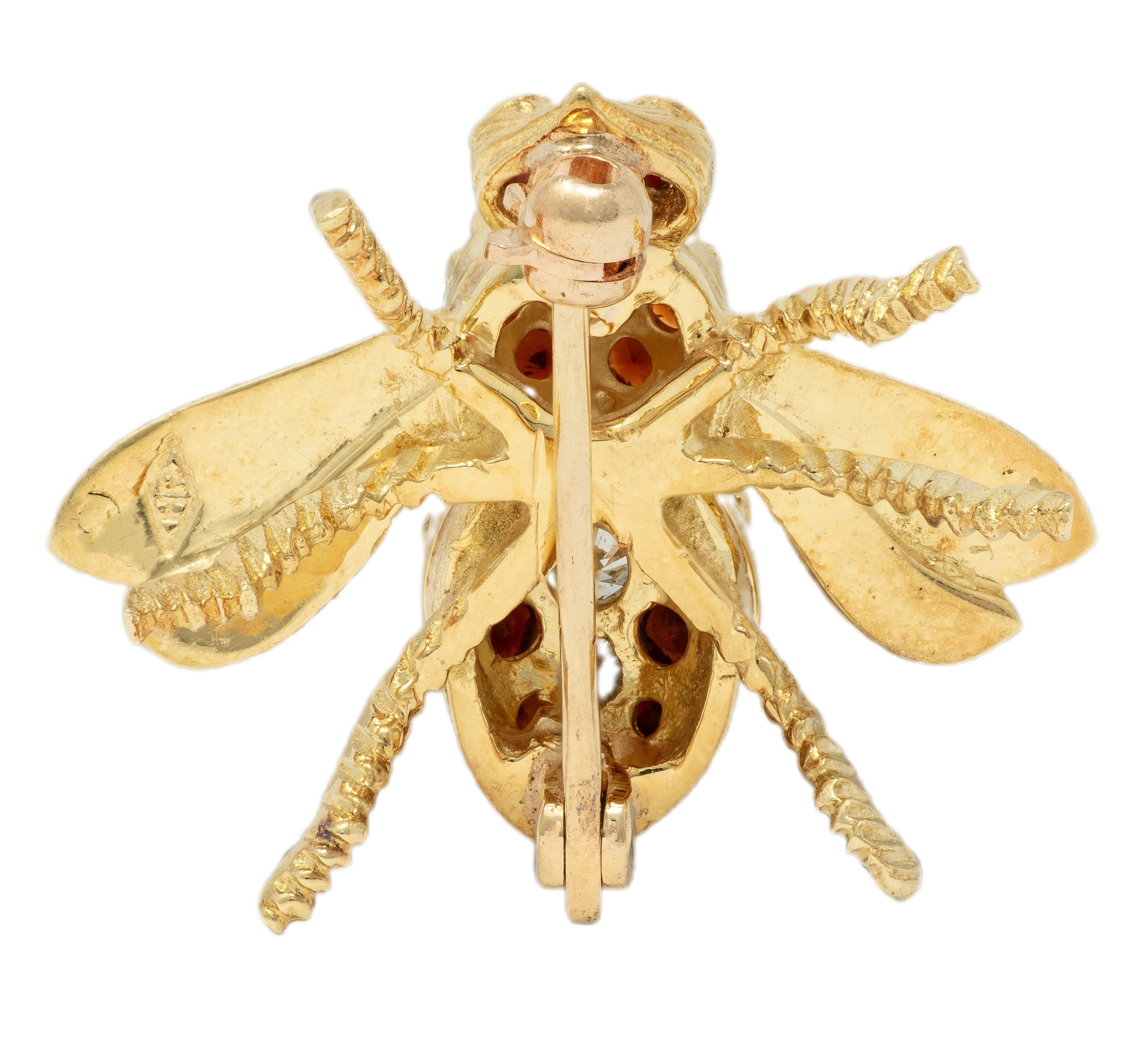 Rosenthal 1960s Diamond Ruby Citrine 18 Karat Yellow Gold Vintage Bee Bug Brooch