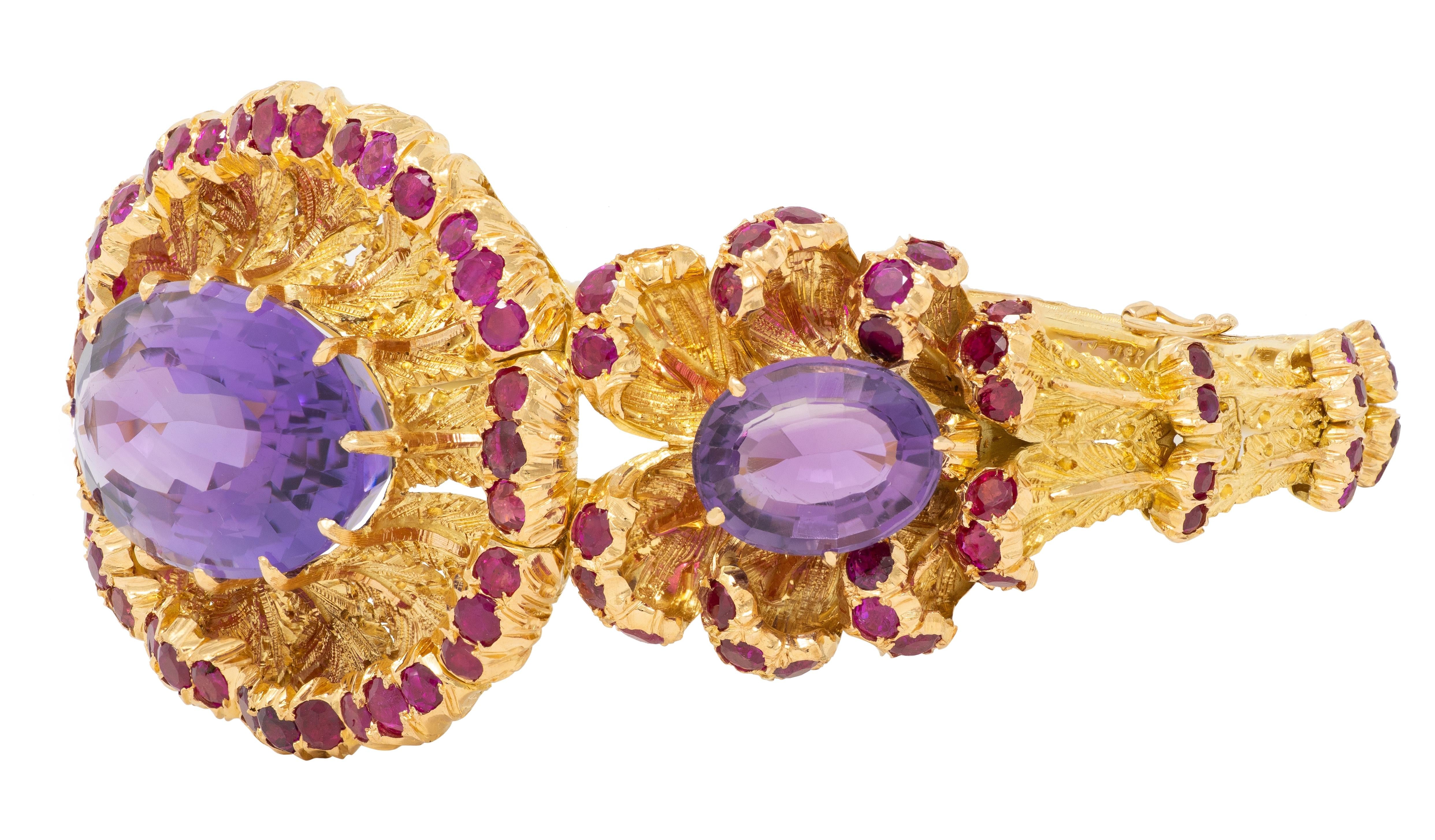 Buccellati 1960 36.79 CTW Amethyst Ruby 18K Gold Vintage Floral Bangle Bracelet