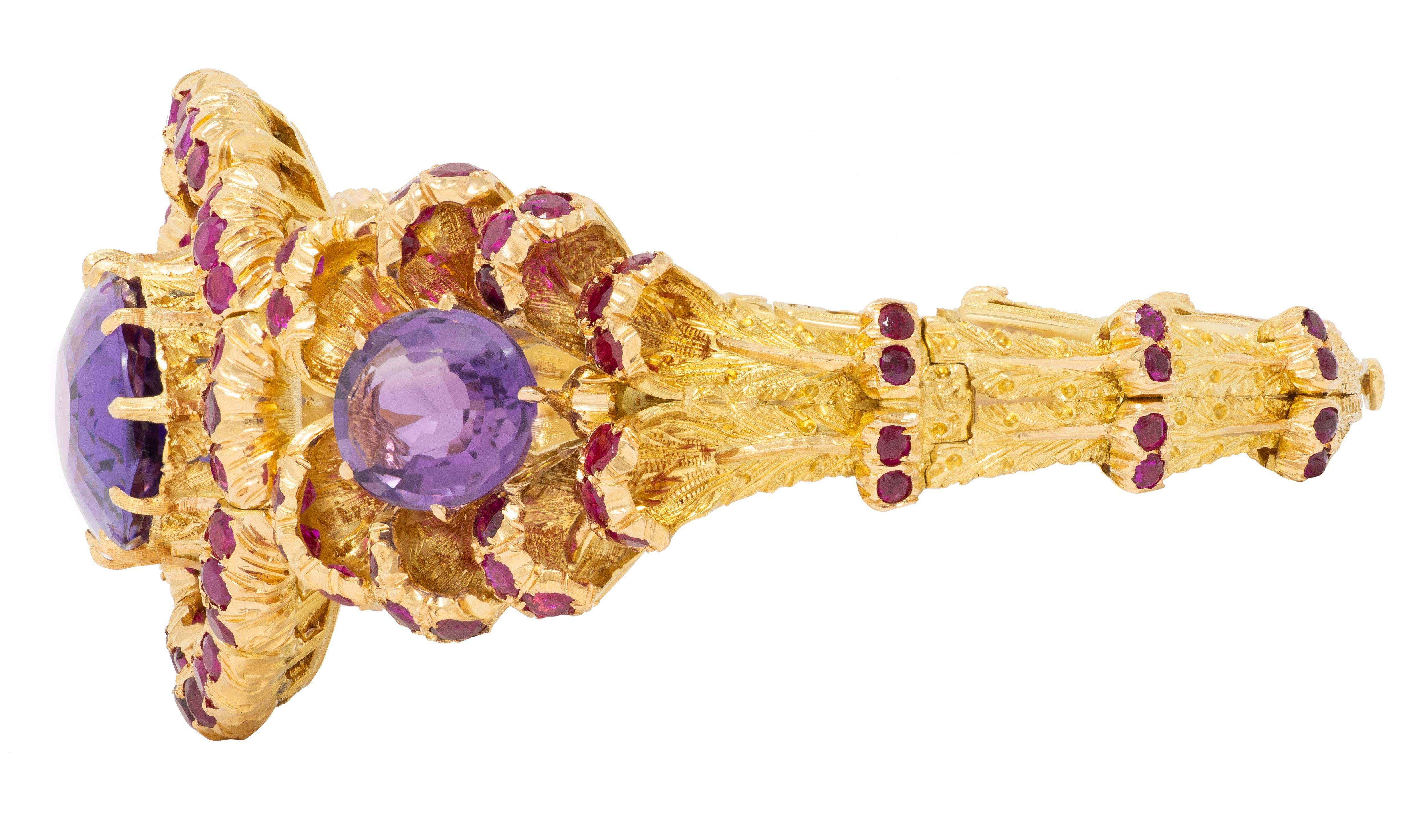 Buccellati 1960 36.79 CTW Amethyst Ruby 18K Gold Vintage Floral Bangle Bracelet