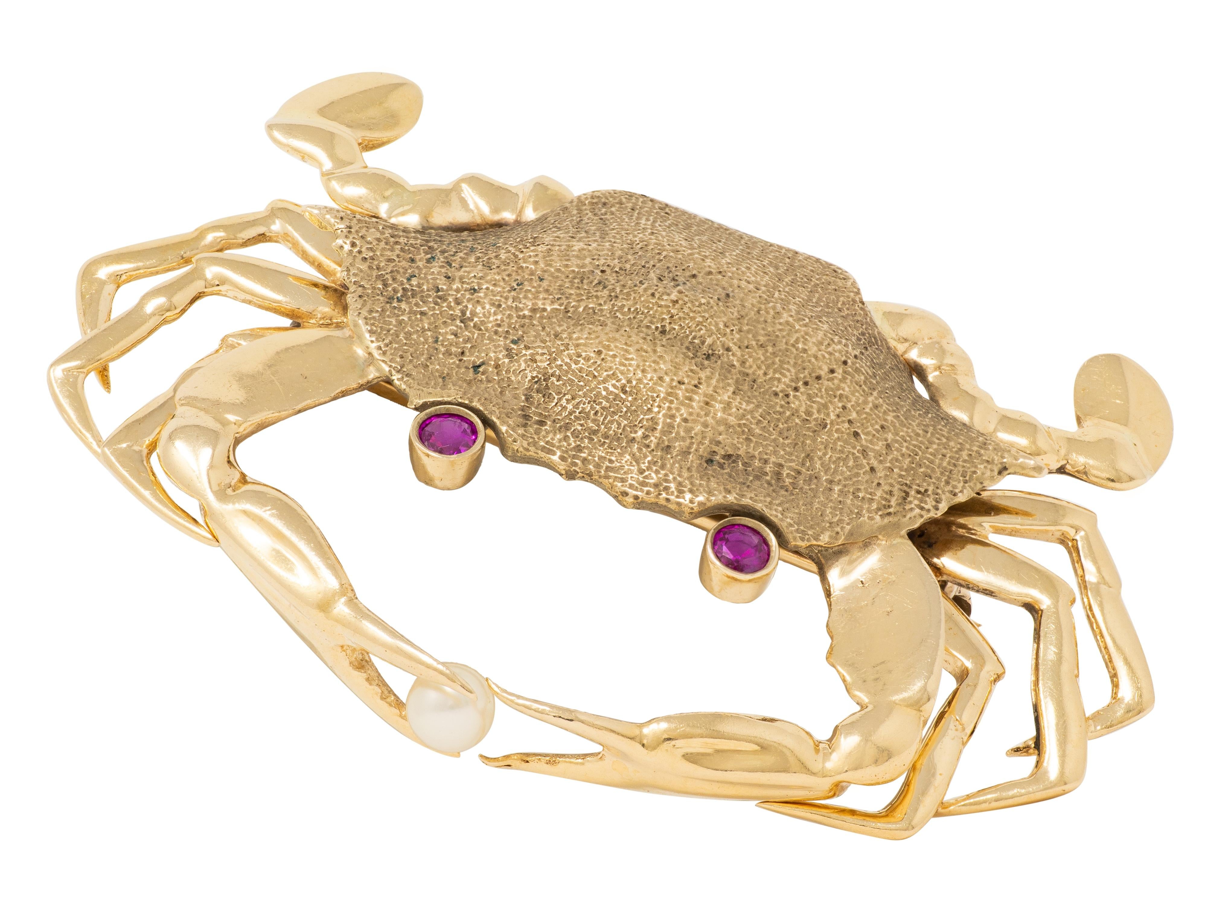 Fisher & Co. 1960's Diamond Ruby 18 Karat Yellow Gold Vintage Crab Brooch
