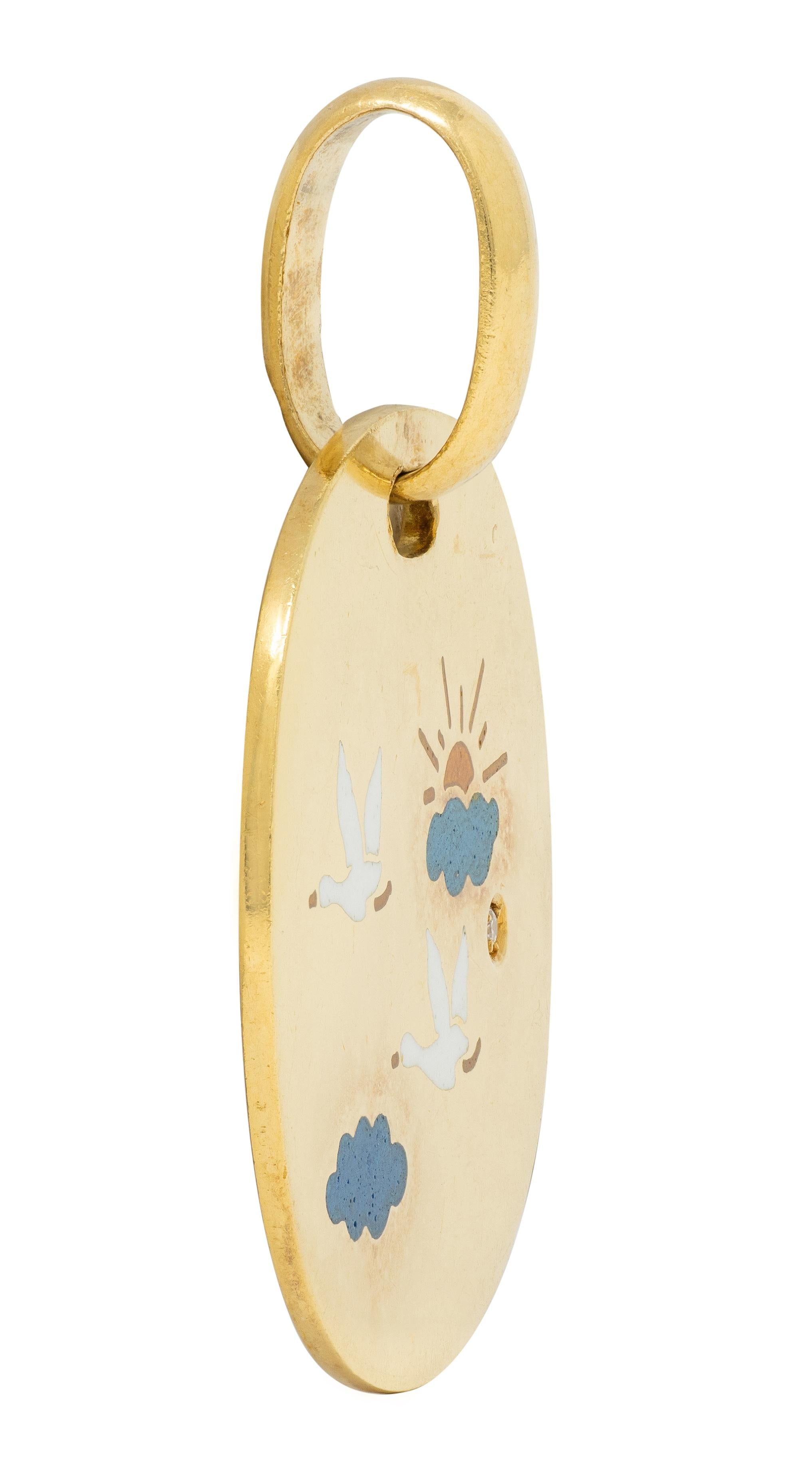 Alfieri & St. John 2000's Enamel Diamond 18 Karat Gold Flying Geese Pendant