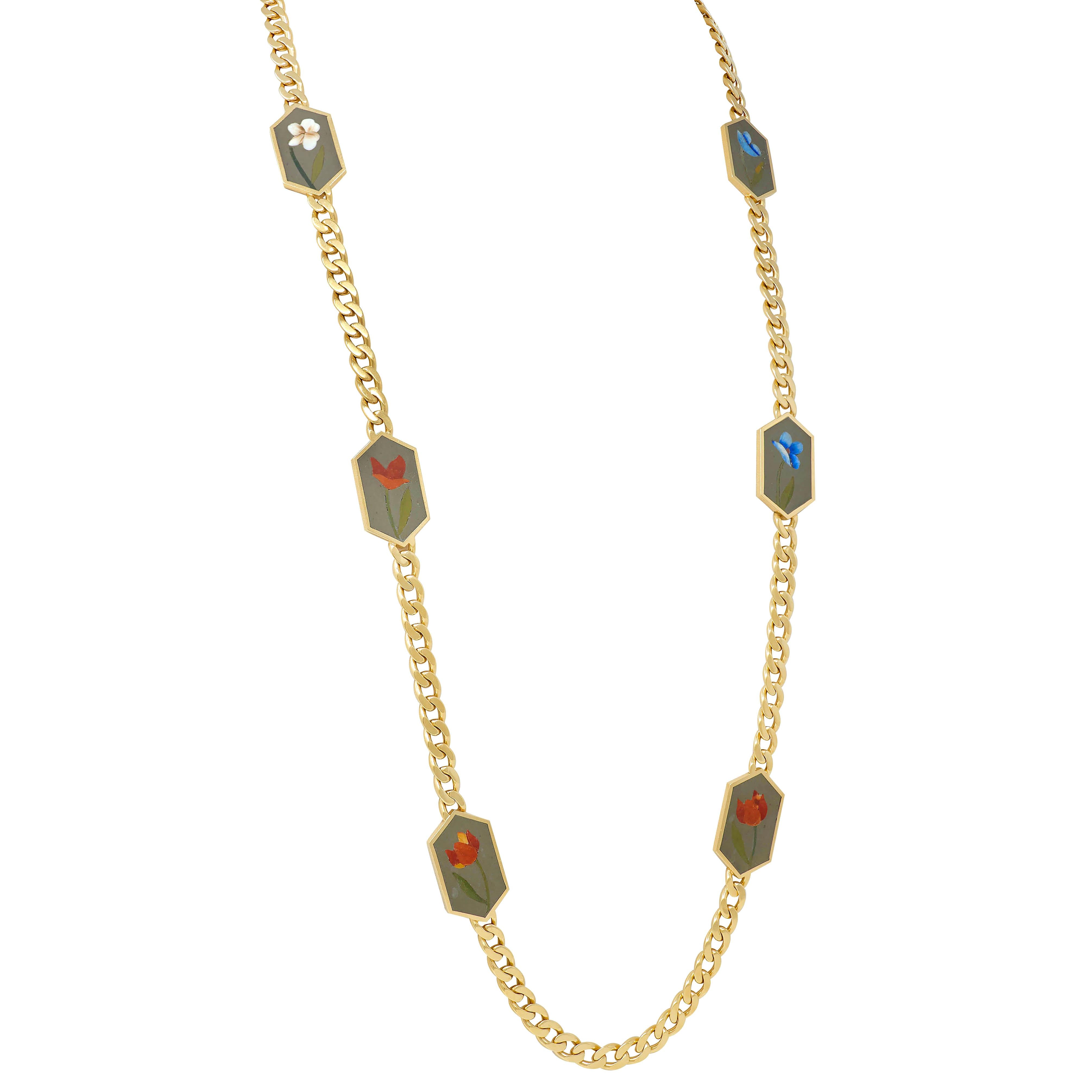 Bulgari 1970's Inlay Multi-Gem 18K Gold Vintage Curb Link Chain Floral Necklace