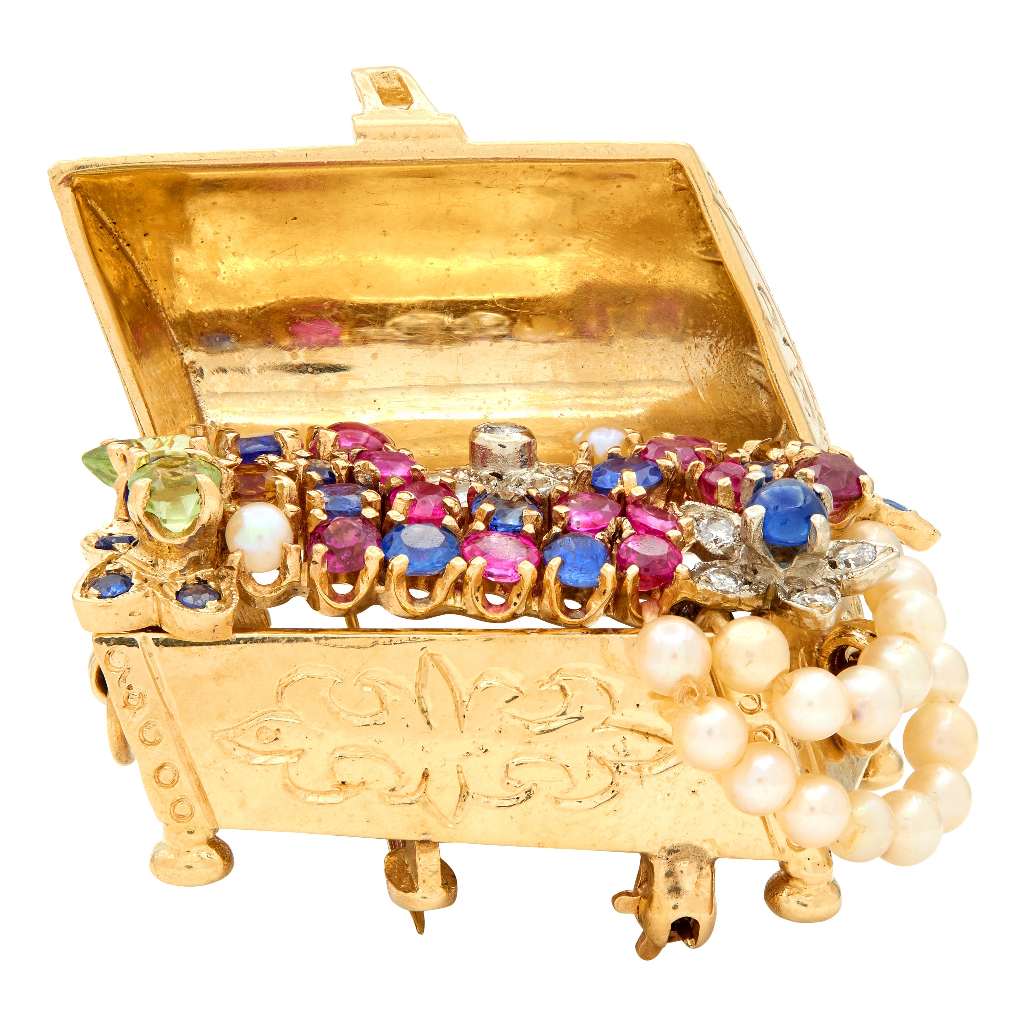 1960's Sapphire Multi-Gem Pearl 14K Gold Vintage Treasure Chest Brooch Pendant