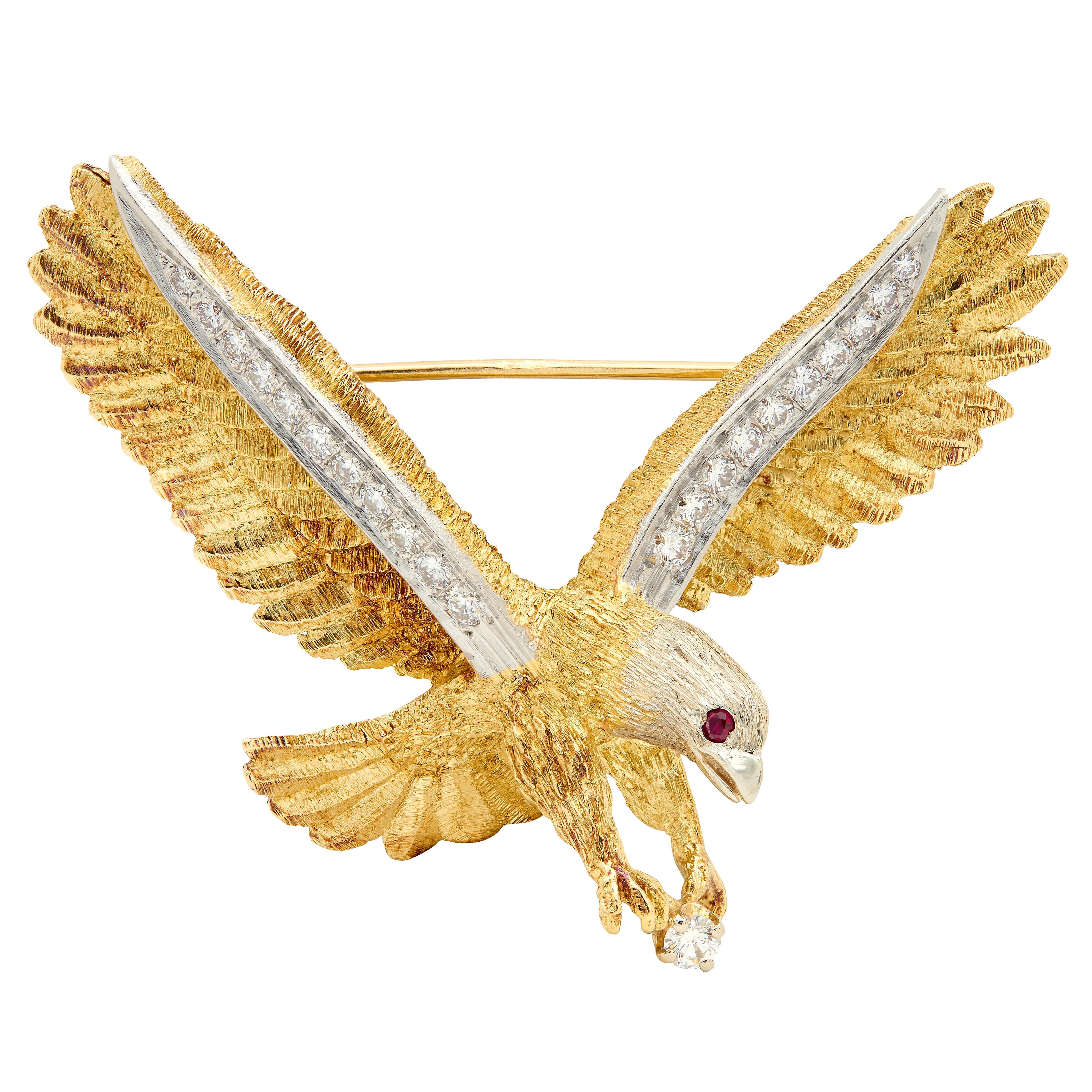 Mid-Century Diamond Ruby Platinum 18K Two-Tone Gold Vintage Bald Eagle Brooch
