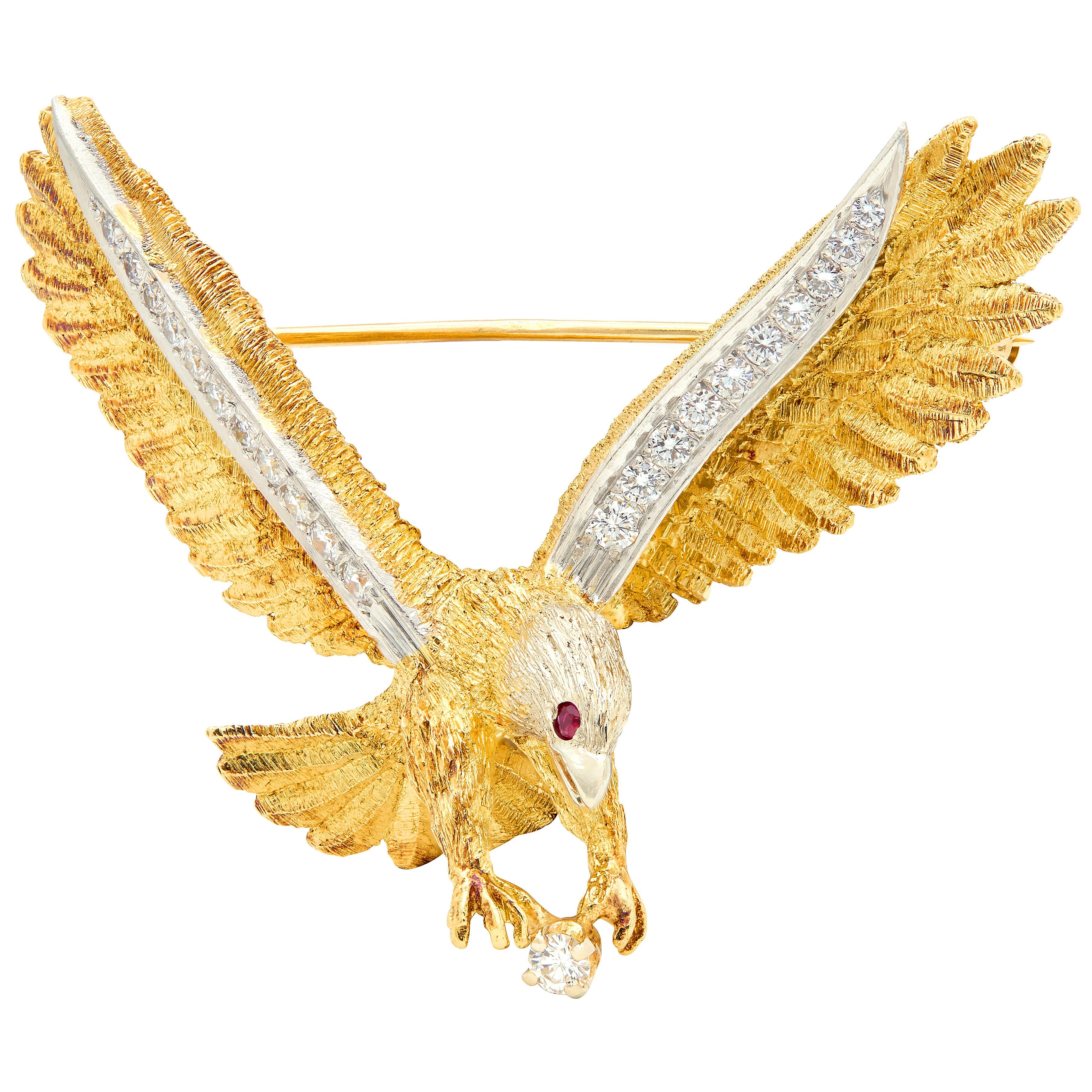 Mid-Century Diamond Ruby Platinum 18K Two-Tone Gold Vintage Bald Eagle Brooch
