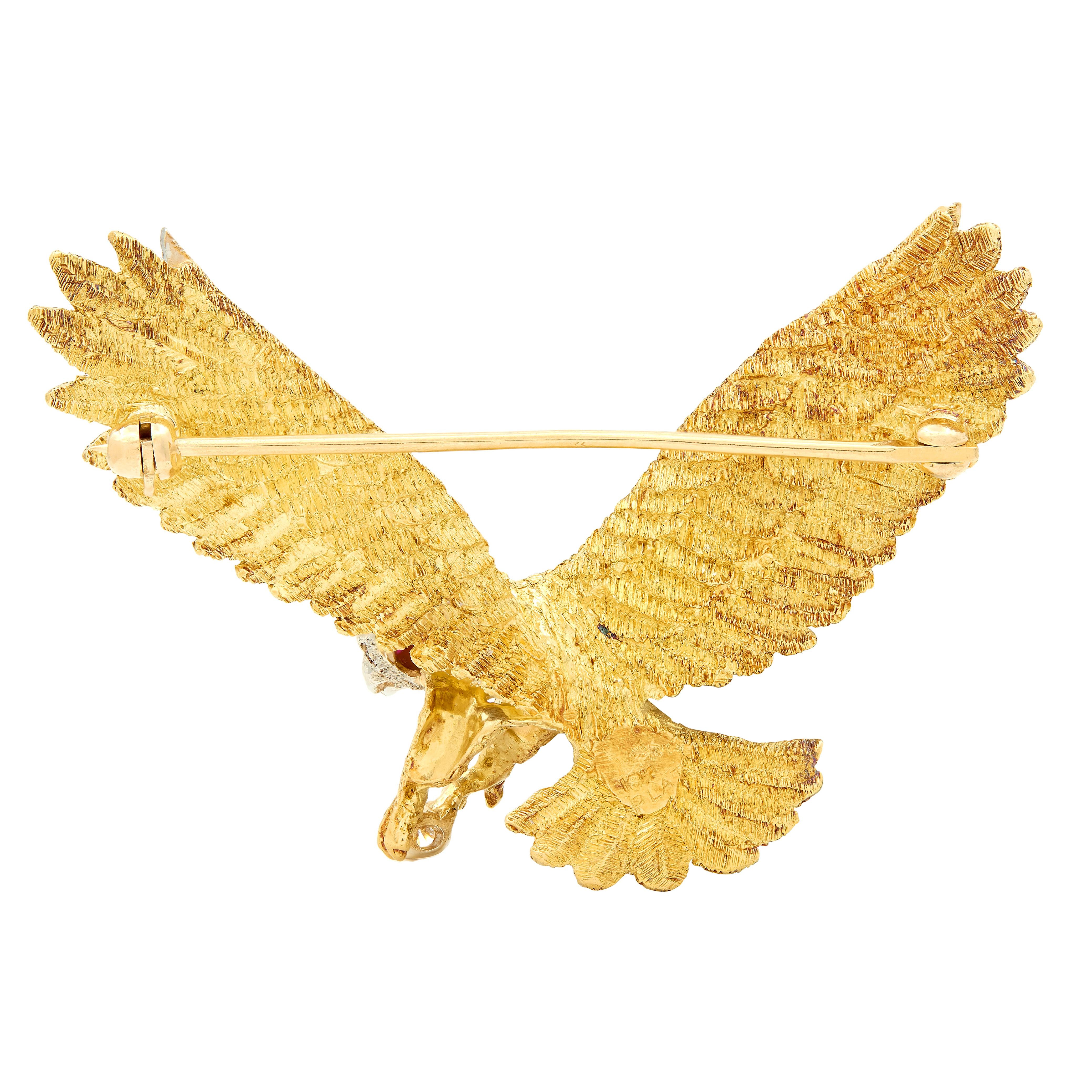 Mid-Century Diamond Ruby Platinum 18K Two-Tone Gold Vintage Bald Eagle Brooch
