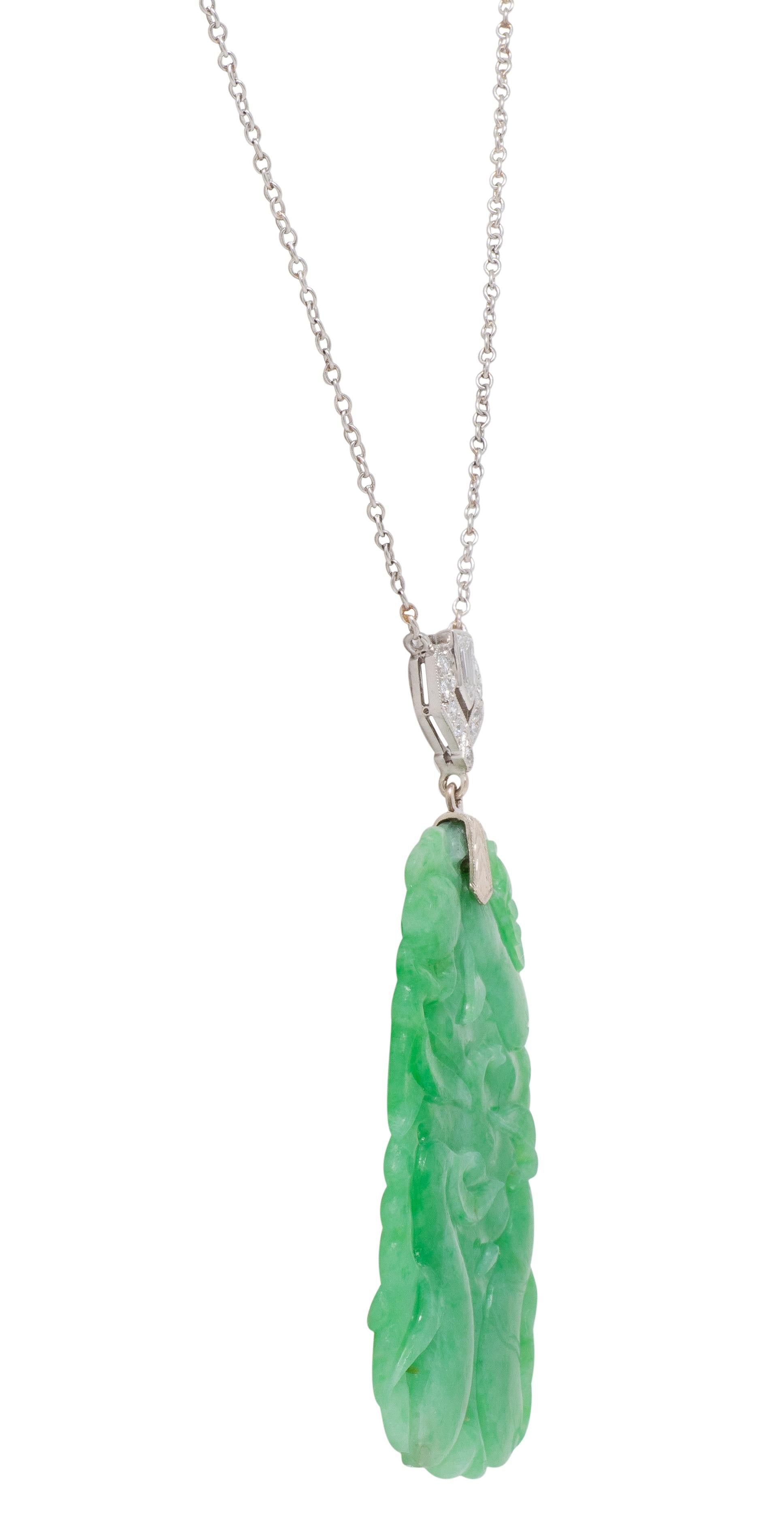 J.E. Caldwell Art Deco Jade Diamond Platinum Vintage Sartuoir Pendant Necklace